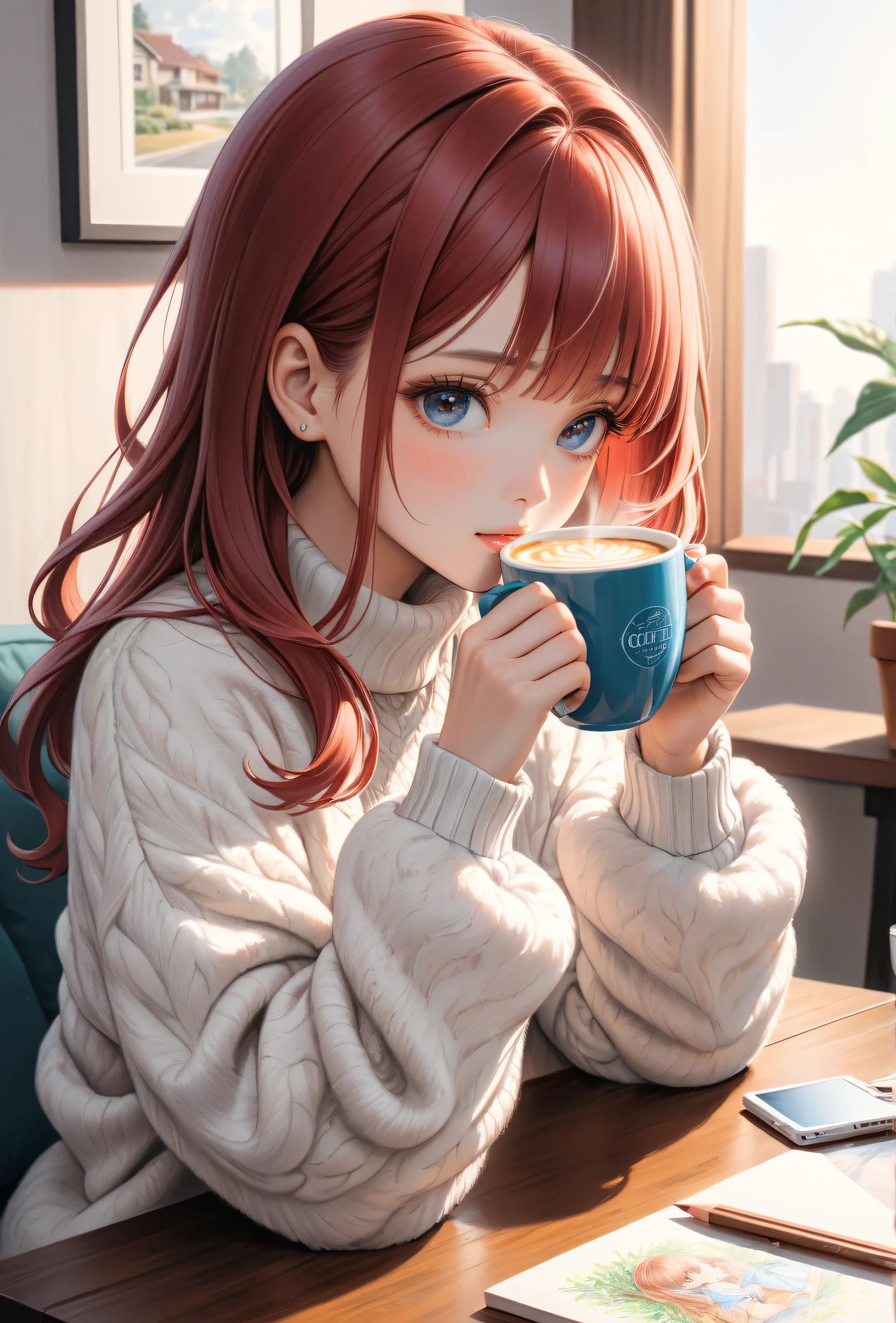  A woman drinking coffee，Colored pencil drawing ， bright hair color、 relaxing in the living room、Fluffy cardigan