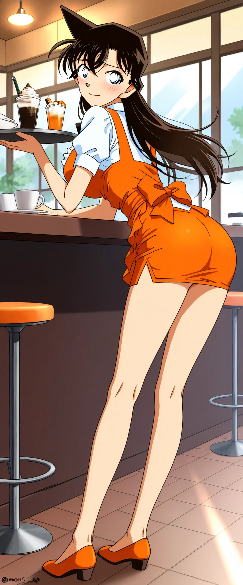 score_9, score_8_up, score_7_up,1girl,solo,mouriranai,mouri ran,meitantei conan,brown hair, blue eyes, long hair, breasts, large breasts, lens flare, medium breasts,no bura,no panties,BREAK,waitress, orange micro mini pencil skirt,(holding trsy),BREAK,blush,embarrassed,forced smile,standing,holding on skirt,from behind,full body,indoor,cafe,looking viewer