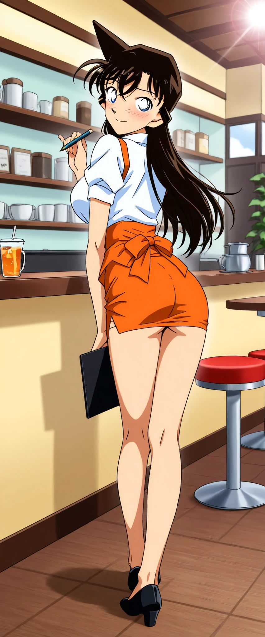 score_9, score_8_up, score_7_up,1girl,solo,mouriranai,mouri ran,meitantei conan,brown hair, blue eyes, long hair, breasts, large breasts, lens flare, medium breasts,no bura,no panties,BREAK,waitress, orange micro mini pencil skirt,(holding trsy),BREAK,blush,embarrassed,forced smile,standing,holding on skirt,from behind,full body,indoor,cafe,looking viewer
