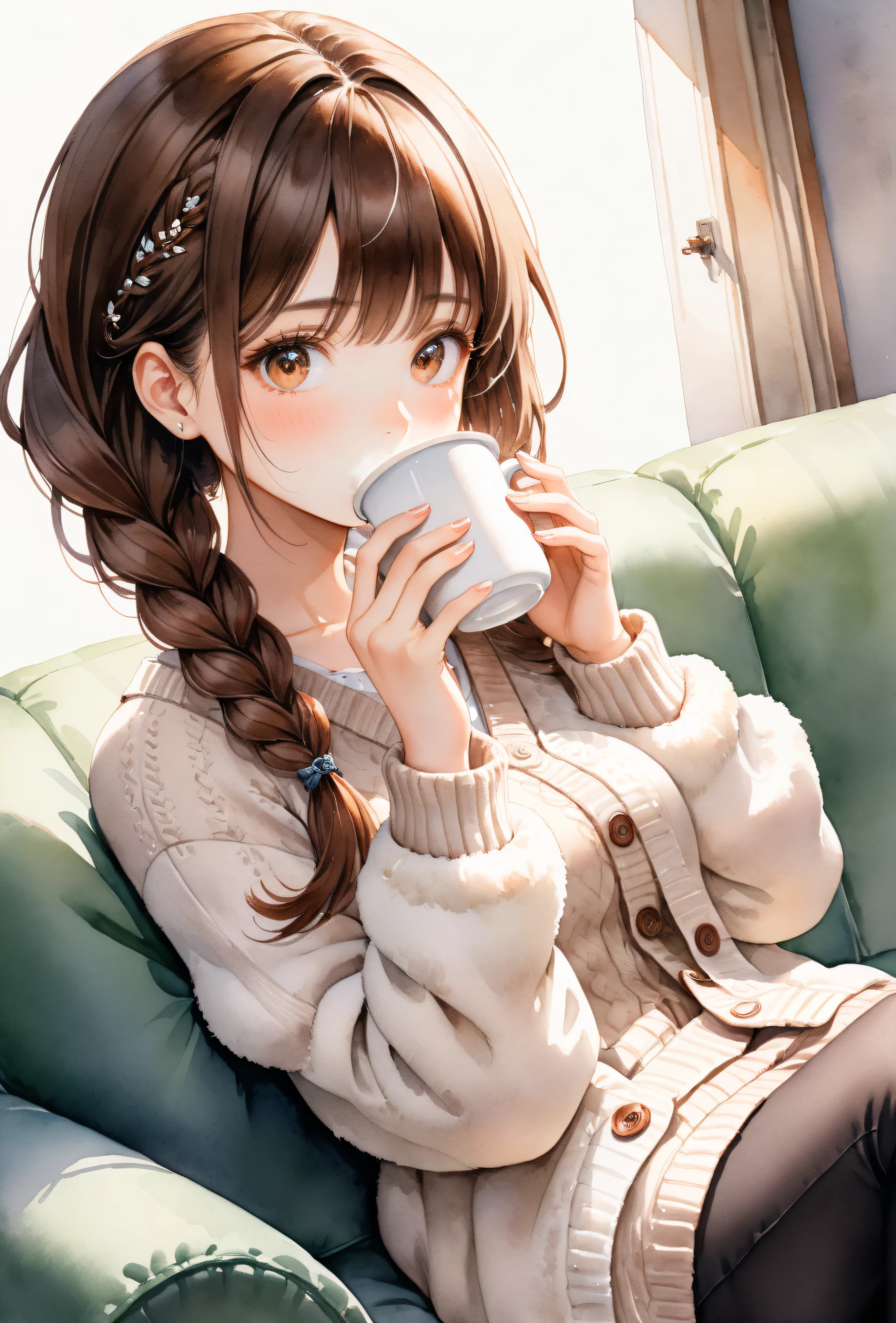  A woman drinking coffee， watercolor ， braids、Brown Hair Color、 sofa、Fluffy cardigan