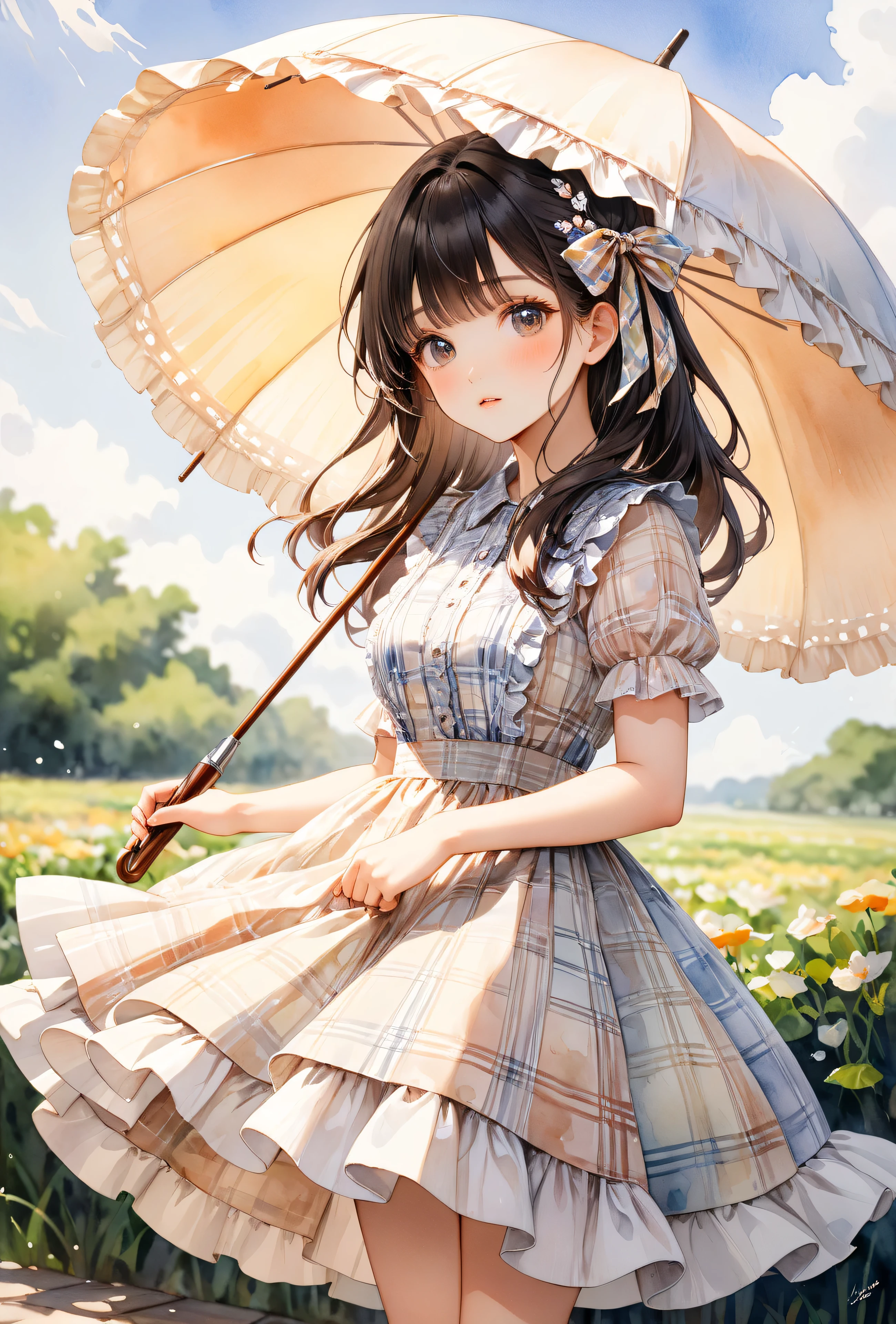   one girl、 watercolor、art、 ribbon hair ornament 　 half up　Beige check pattern dress　 frill shirt 、parasol