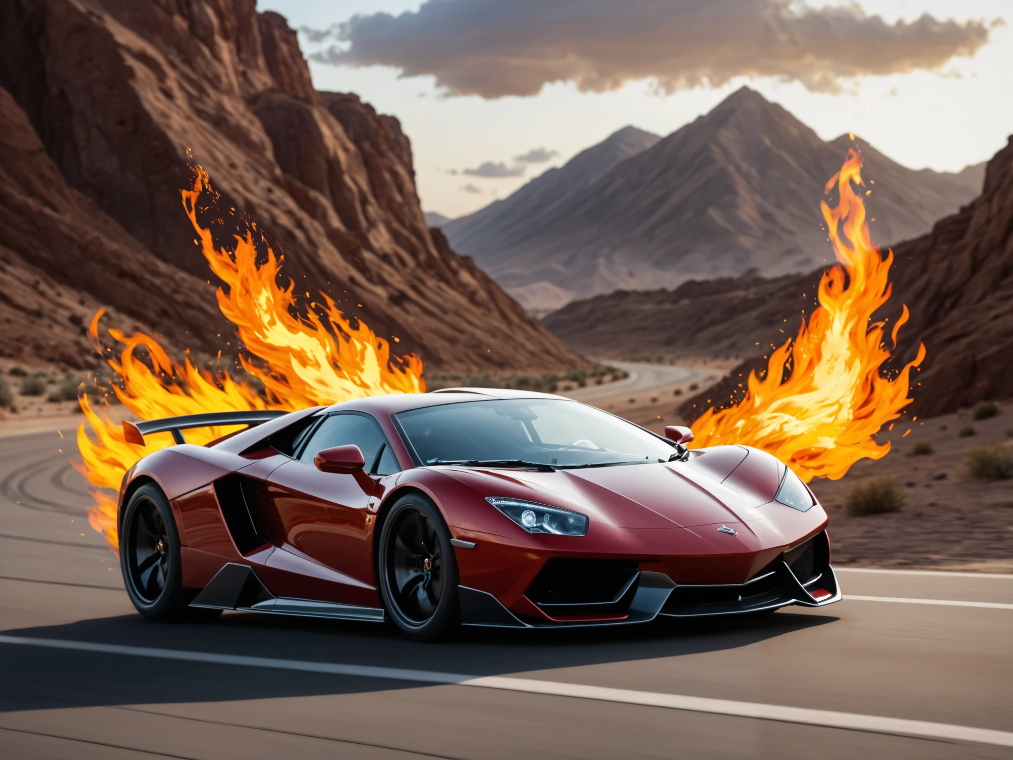 Create a photorealistic image of a HOT ROD, Supercar, cool coupe 37’ look, brilliant color of this coupe, fire, flame design, with oversized tires, and extreme chrome blower over the engine block, all in a background of a desert lightning storm