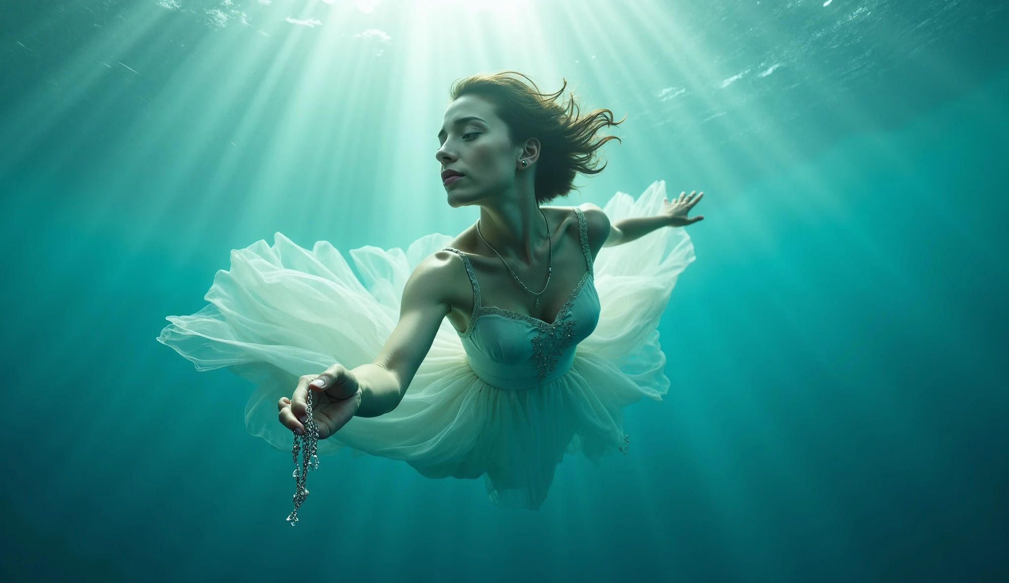 There is a russian woman in a white dress floating in the water, floating underwater, floating drowned, floating in water, female floating, underwaterphotograph, Portrait of a woman underwater, she is floating in the air, dramatic floating pose, floating in perfume, underwater photo, elegant floating pose, underwaterphotograph, floating underwater in a lake, submerged in water,skin texture,8K,large breasts,redhead,irish fair skin.