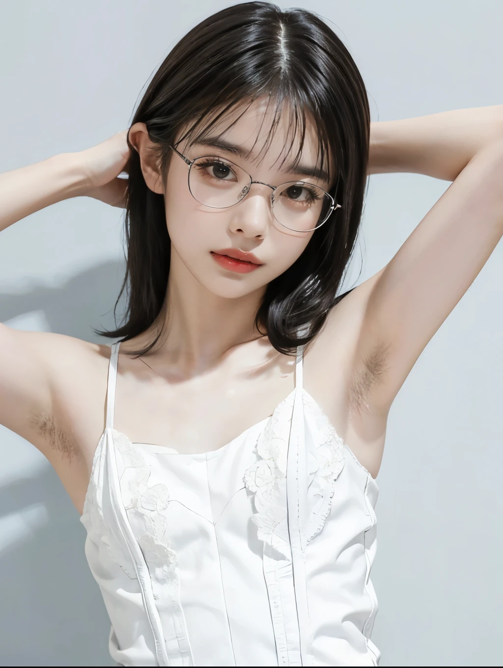 1girl, portrait, (glasses Japanese girl, hands behind head, hairy armpit exposed), (hairy armpits, armpit hair:1.4), ((white camisole dress, lace)), skinny body, (flat chest:1.3), shiny pale skin:1.2, (glasses, glossy cod lips:1.3, look of confusion:1.3, blush, parted lips), white wall, studio lighting, looking at viewer, Realistic, (real picture, Intricate details), natural skin texture:1.5