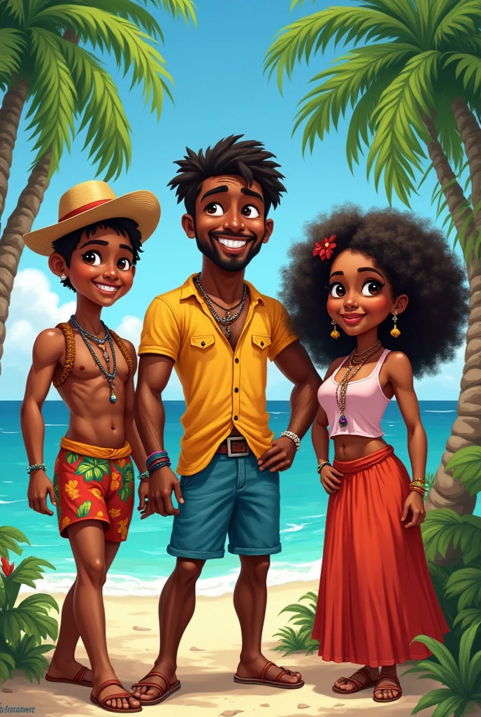 generate a photo of a black man with his beautiful half cast family of wife and brown four kids two girls and two boys wearing bikinis walking along the beach 