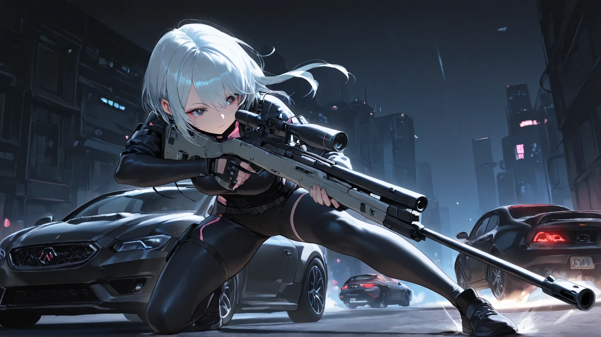 masterpiece, best quality, very aesthetic, absurdres, safe,1girl, woman, cyberpunk clothing, futuristic rifle, tech gear, car, dynamic pose, high quality, detailed.
