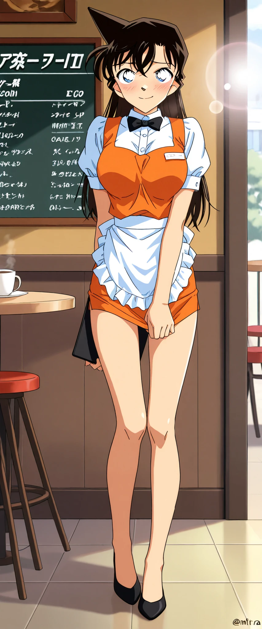 score_9, score_8_up, score_7_up,1girl,solo,mouriranai,mouri ran,meitantei conan,brown hair, blue eyes, long hair, breasts, large breasts, lens flare, medium breasts,no bura,no panties,BREAK,waitress, orange micro mini pencil skirt,(holding trsy),BREAK,blush,embarrassed,forced smile,standing up straight,holding on skirt,from front,full body,indoor,cafe,looking viewer