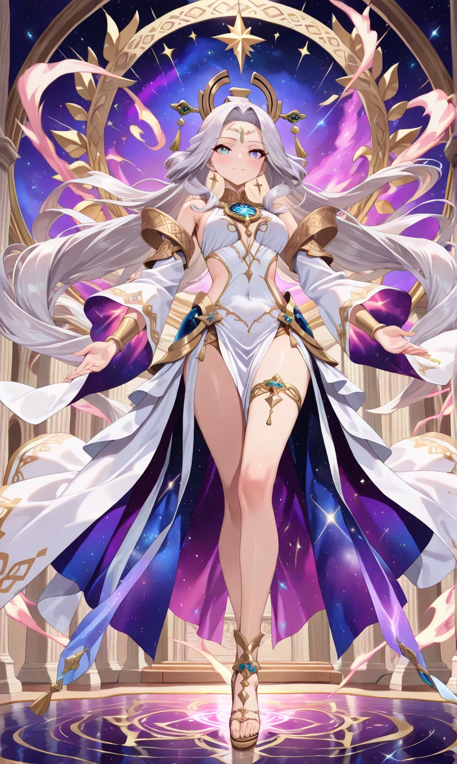 full length body image of an older woman with long light purple hair, purple eyes, foxtails, in a long rainbow dress, a crystal crown on her head, and crystals in the background
