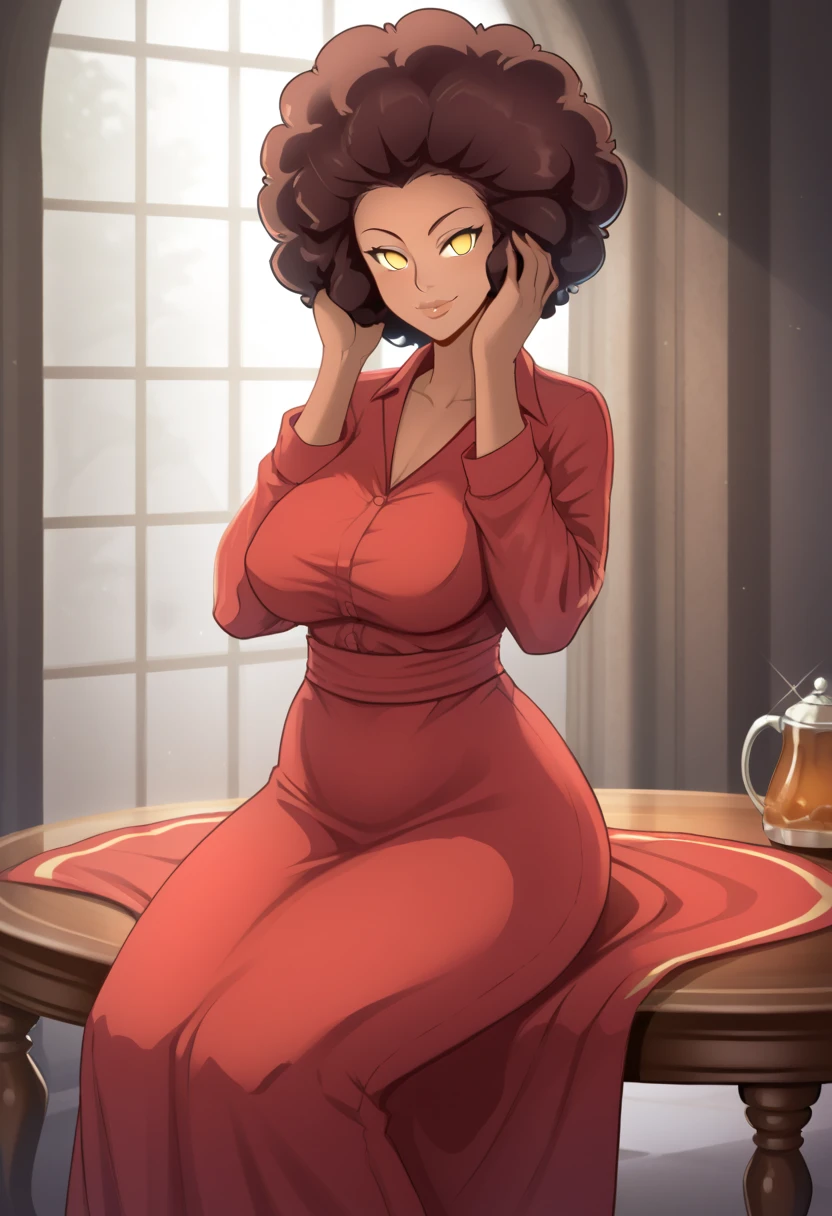 Solo, jewish girl, cascina caradonna, 1girl, 20 year old girl, standing, (very curly open wild dark brown hair), wide seductive lips, smirking, skin, larger nose, high detailed face, 4k, looking at camera , camletoe, (small breasts, straight waist, wide hip, slightly chubby body ,inflated legs, thick thighs,(detailed face)), beautiful detailed lips, cute, slutty, sensual, seductive look, ((nude)), topless, cinematic natural light, organic dust particles in the light, sensual, 4k, look at camera, highly detailed face, seductive, smiling, open mouth, (((bending over table from the side)))