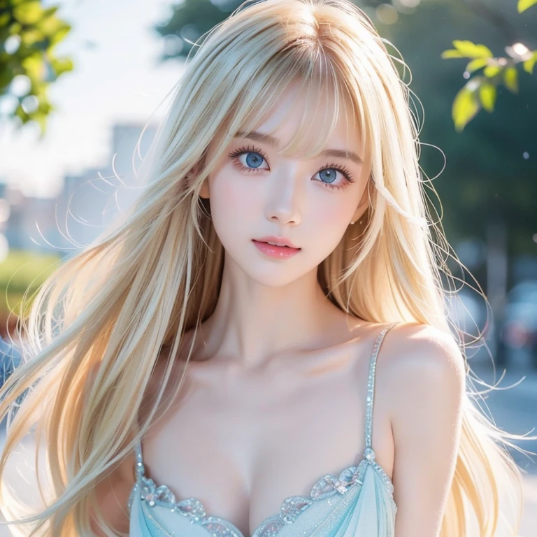 A beautiful face with blonde hair blowing in the wind、Beautiful bright light brown eyes hidden by her hair、white and shiny skin、beautifully、Very long、Shiny, silky blonde hair、美しいbangs、Sexy 18 year old very beautiful woman、Unparalleled beauty、Cheek gloss、Beautiful Skin、Small Face Beauty、eyeliner、bangs、Bang to the face、Hair above the eyes、Hair between the eyes、Round face、Strapless Summer Dress,Front facing,whole body,