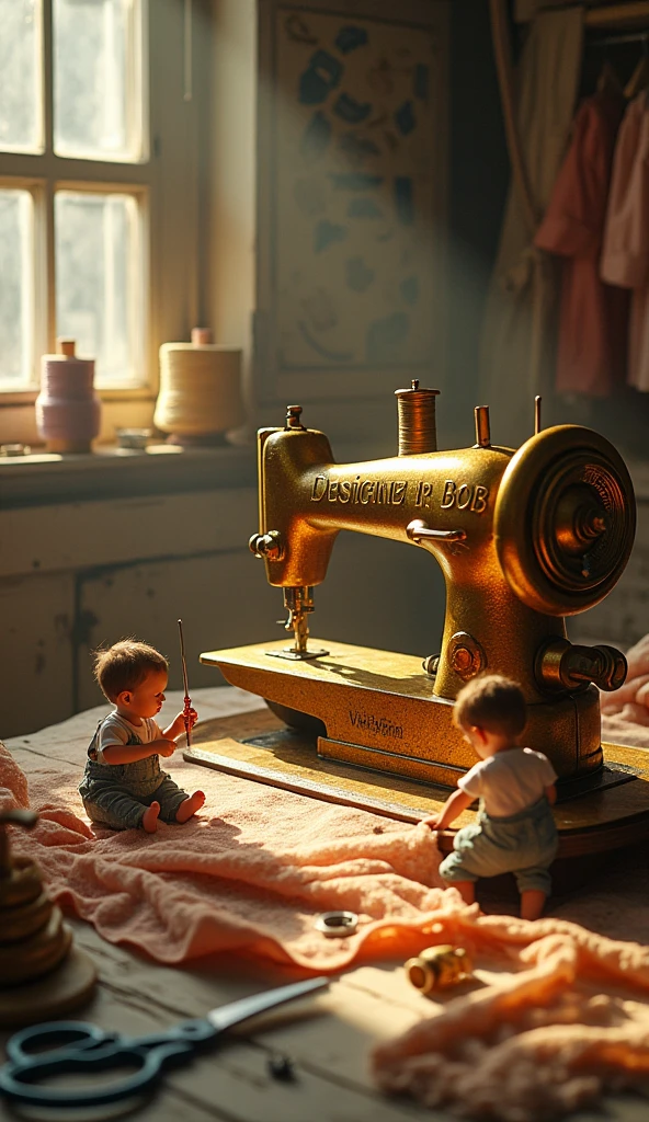 A boy in a blazer sits in front of a sewing machine sewing