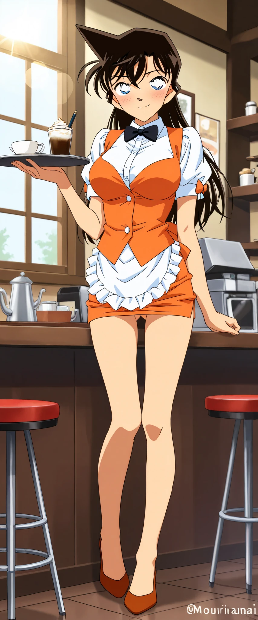 score_9, score_8_up, score_7_up,1girl,solo,mouriranai,mouri ran,meitantei conan,brown hair, blue eyes, long hair, breasts, large breasts, lens flare, medium breasts,no bura,no panties,BREAK,waitress, orange micro mini pencil skirt,(holding trsy),BREAK,blush,embarrassed,seductive smile,standing up straight,lift skirt,from front,full body,indoor,cafe,looking viewer