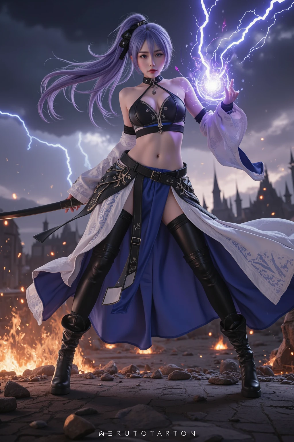 1 girl riding a motorcycle in the rain, wearing theatrical costume, sharp silver armor, purple-red skin, Sankarea water style, wlop, dragoon, from ncsoft, beautiful female warrior armor, unreal engine rendering + goddess, 8k octane render photo, bikini armor female knight, silver icy reflective armor, laughing