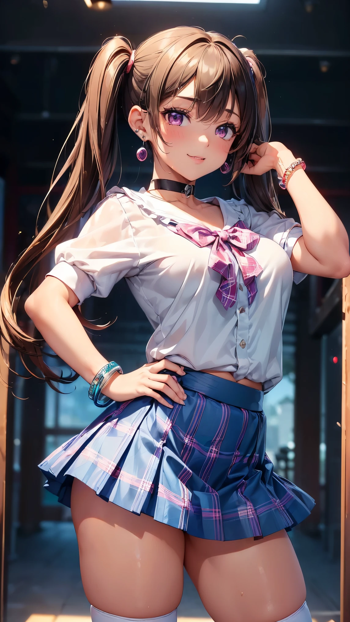 (maximum resolution: 1.2), (ultra high definition:1.2), cinema light, 8K resolution, fine eyes and skin, detailed face, perfect style, cute face, Accurate, anatomically correct, Highly detailed face and skin texture, double eyelid, thin eyebrows, glitter eyeliner: 1 natural cheek, shiny skin, Fair skin, Glossy skin: 1.2, (glossy lips: 1.4), (embarrassed look: 1.2), 17 year old woman, (highest quality:1.2), (angle from below:1.2), cinematic lighting, perfect style, beautiful face, blush, humiliation, impatience, glare, embarrassing, (smile:1.2), (school uniform:1.5), (Plaid pleats mini skirt:1.5), dark brown hair, (fascinating body:1.2), (flat chest:1.0), ultra fit clothes, Glasses, navel