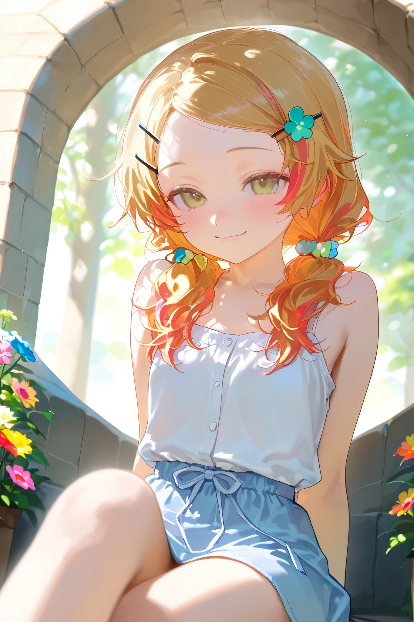  Realistic、（smile、  hairpins、  hairstyles that show a wide forehead 、Hairstyles split in the middle  、 sleeveless）、   dolls are strolling through a tunnel made of colorful flowers、smile色とりどりの朝顔の花が咲く庭を散歩する、Morning Dew