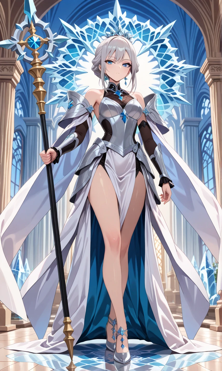 Anime character with long hair, blue hair holding a sword and white costume, Kushat Krenzky art feminine, Zodiac Girl knight, full portrait of an elementalist, anime goddess, beautiful cyborg priestess, highly detailed official artwork, Zodiac Girl portrait knight, space cyborg goddess, holy cyborg necromancer girl, Official character art, simple futuristic cyborg empress,