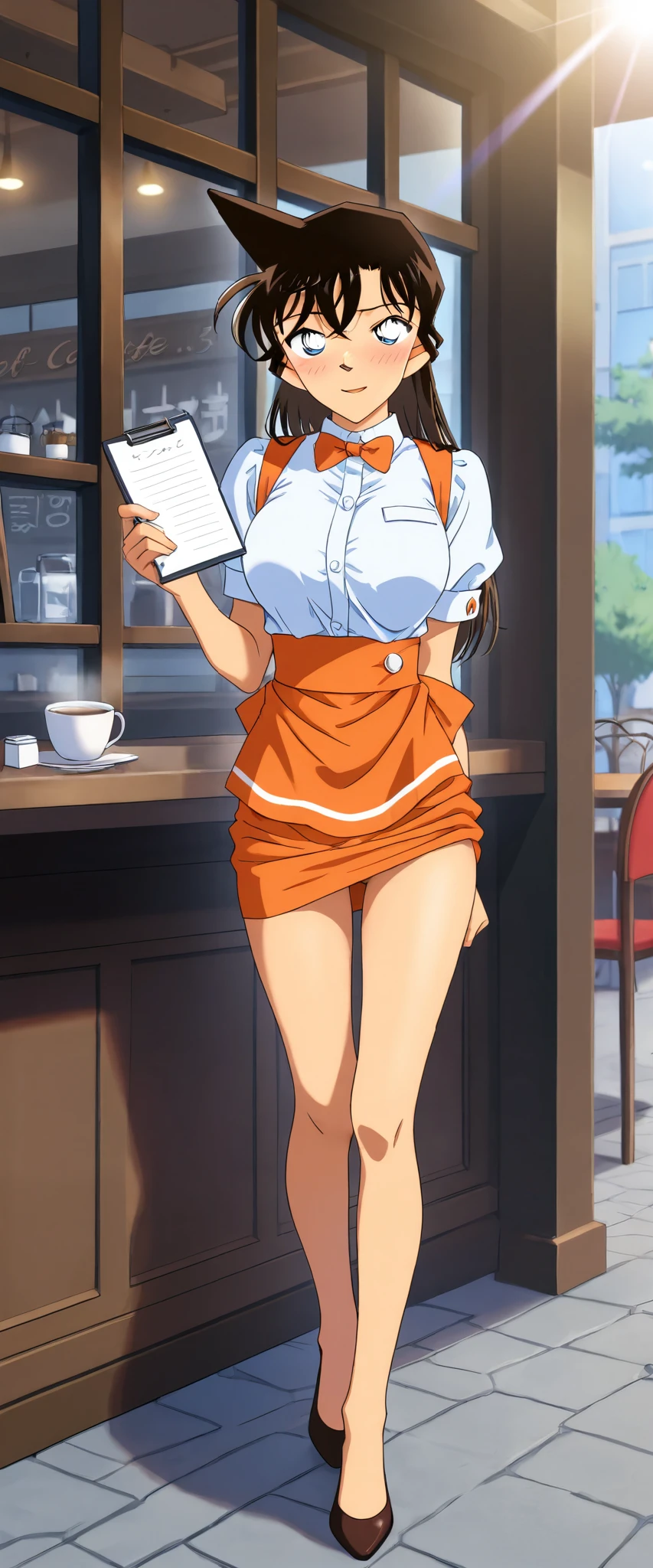score_9, score_8_up, score_7_up,nsfw,1girl,solo,mouriranai,mouri ran,meitantei conan,brown hair, blue eyes, long hair, breasts, large breasts, lens flare, medium breasts,no bura,no panties,BREAK,waitress, orange micro mini pencil skirt,(holding trsy),BREAK,blush,embarrassed,seductive smile,in heat,standing up straight,(skirt lifting:0.8),from front,full body,indoor,cafe,looking viewer