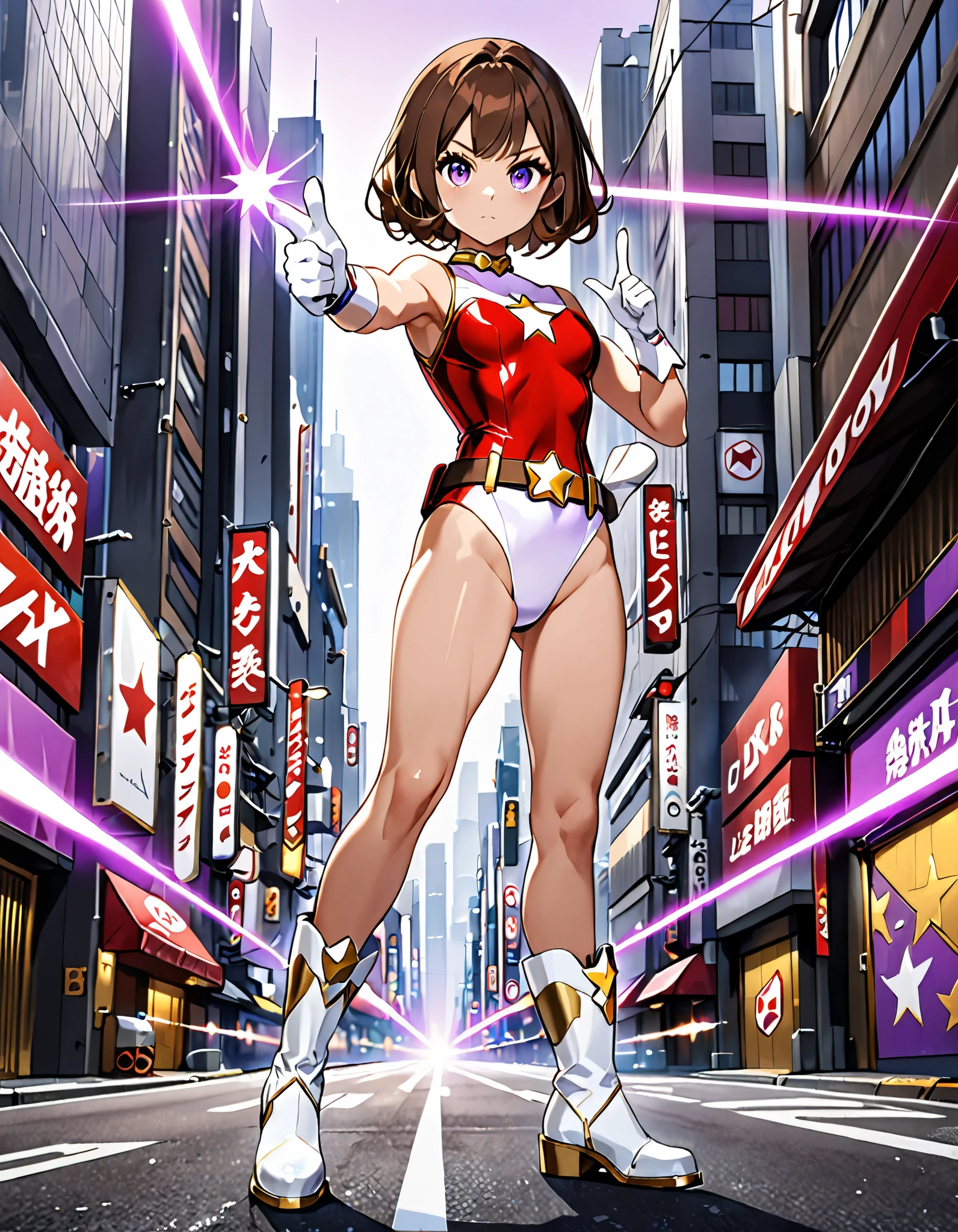 (masterpiece), (best quality), (high res), medium breasts, finger proportions coordination, cute and attractive woman, ((leotard, white and red leotard:1.2, matching leotard, sleeveless, bare legs)), ((high-waisted belt, tight belt, gold belt)), ((boots, matching boots, ankle-high boots, white boots)), ((gloves, white gloves)), city backdrop, tokyo, city street backdrop, solo, solo focus, standing, (full body), cowboy shot, superhero, ((beautiful detailed eyes)), ((gold star symbol on chest)), (brown hair, medium hair, bob hair, purple eyes), (perfect hands, perfect anatomy), cowboy shot, superhero, ((beautiful detailed eyes)), full body costume design. ((finger gun, purple beam shoots out of her finger:1.2)),