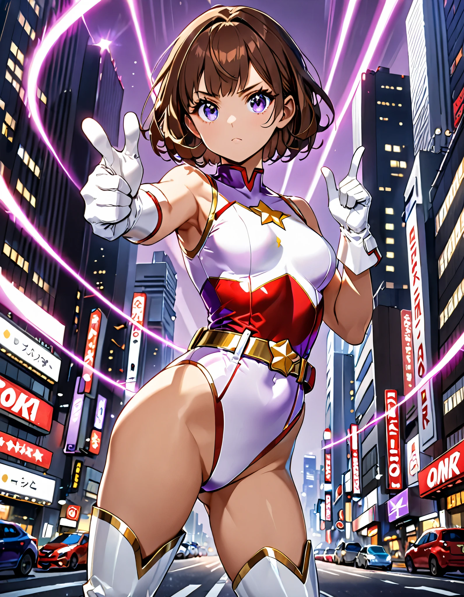 masterpiece, best quality, medium breasts, ((leotard, white and red leotard, matching leotard, sleeveless, bare legs)), ((tight belt, gold belt)), ((boots, matching boots, ankle-high boots, white boots)), ((gloves, white gloves)), city backdrop, tokyo city backdrop, solo, single, hands on hip, standing, ((full body shot)), cowboy shot, superhero, ((beautiful detailed eyes)), (gold star symbol on chest), (brown hair, medium hair, bob hair, purple eyes), (perfect anatomy).