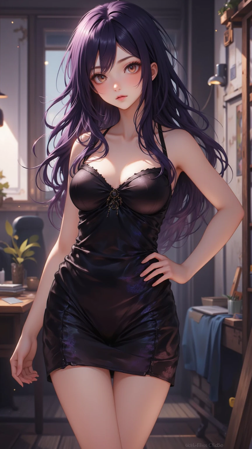 (Masterpiece), Best Quality, ultra-detailed, 1girl (jessie pokemon, Big and pretty breasts, naked body, purple hair, very long hair,blue eyes, half-closed eyes),evil face, smirk, parted lips, head tilt, mascara, full makeup, black eyeshadow, red lipstick, solo, , see-through nightgown, cleavage, in the bedroom, night time, standing, Sexy waist teasing,from_below , come-on, lure.
