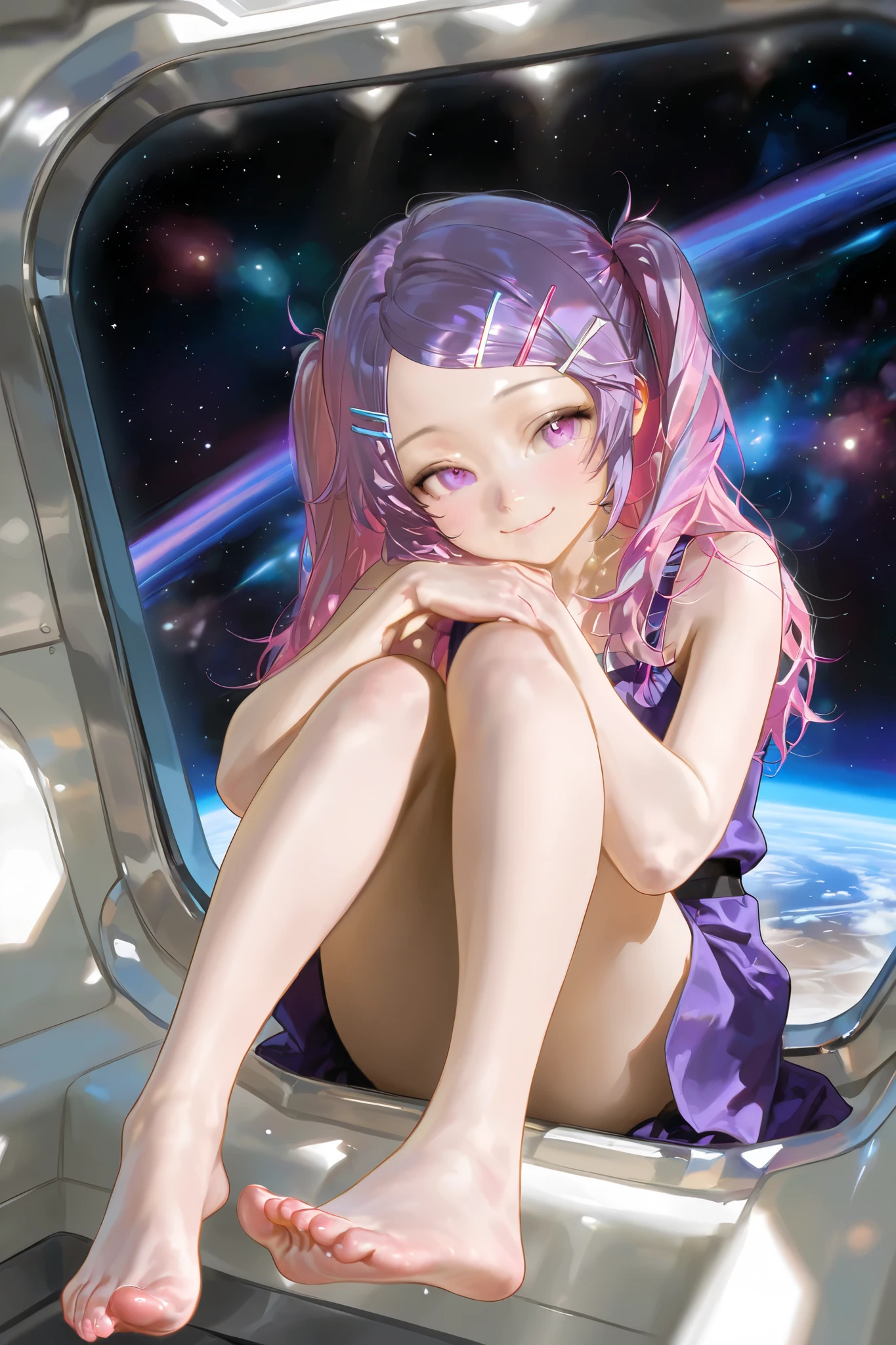 Realistic、(smile、 hairpins、 hairstyles that show a wide forehead 、Hairstyles split in the middle 、 sleeveless、Cute Feet)、 dolls are floating in space、 background