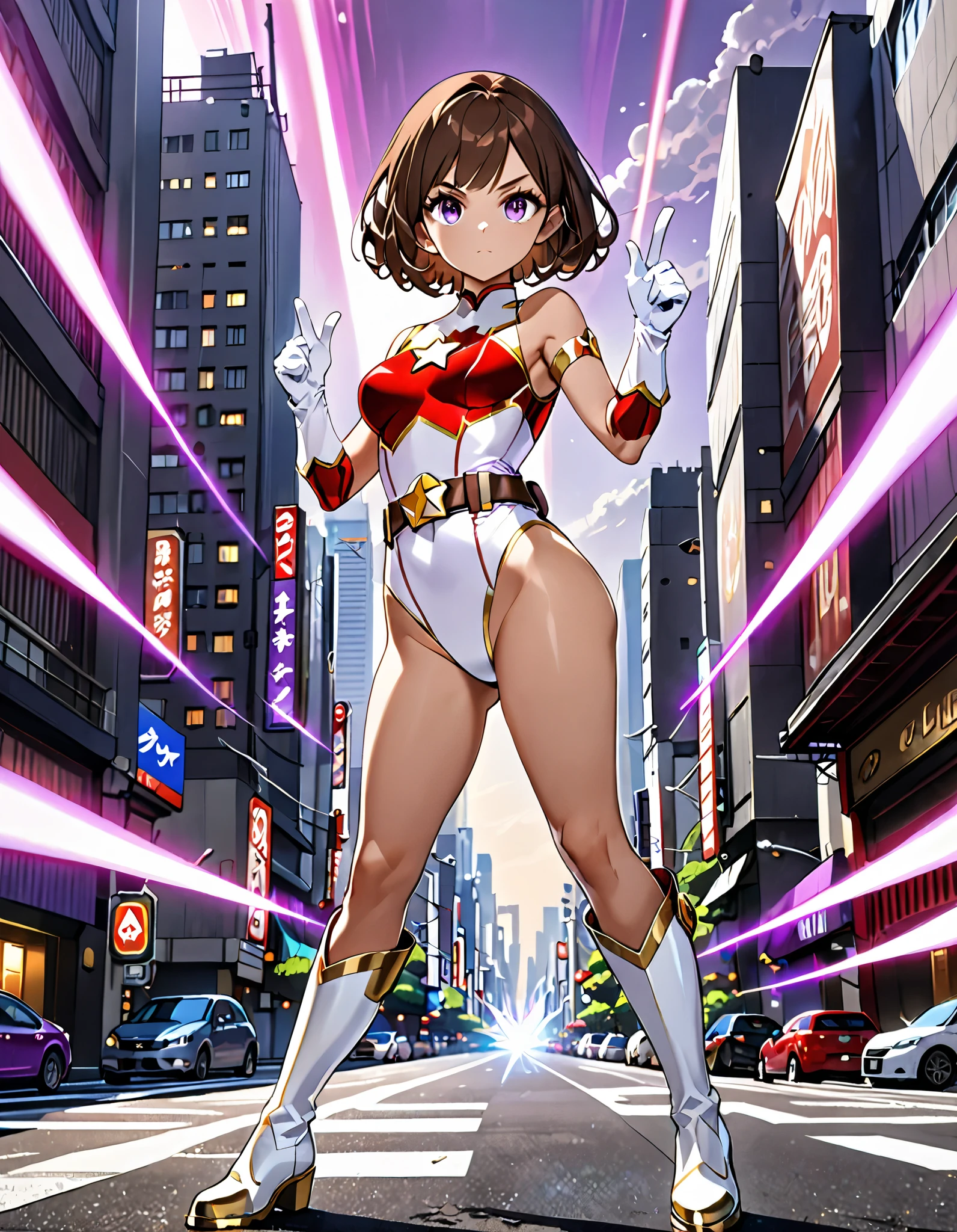 (masterpiece), (best quality), (high res), medium breasts, finger proportions coordination, cute and attractive woman, ((leotard, white and red leotard:1.2, matching leotard, sleeveless, bare legs)), ((high-waisted belt, tight belt, gold belt)), ((boots, matching boots, ankle-high boots, white boots)), ((gloves, white gloves)), city backdrop, tokyo, city street backdrop, solo, solo focus, standing, (full body), cowboy shot, superhero, ((beautiful detailed eyes)), ((gold star symbol on chest)), (brown hair, medium hair, bob hair, purple eyes), (perfect hands, perfect anatomy), cowboy shot, superhero, ((beautiful detailed eyes)), full body costume design. ((finger gun, magic, purple beam shoots out of her finger:1.2)),