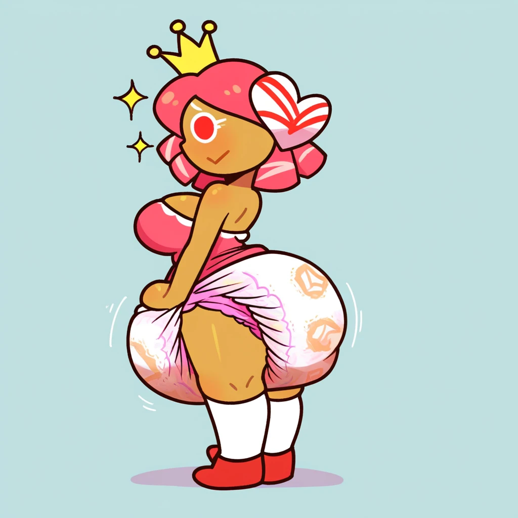 Candace, red sleeveless shirt, skirtless, standing, hands on butt cheeks, white panties with red hearts, heart print panties, legs, white shoes, red socks, sunglasses, rear view, big butt, eyes half closed, head turned to viewer, looking at viewer, 2D cartoon, frilly panties, panties pulled down to feet, nude ass, anal hole