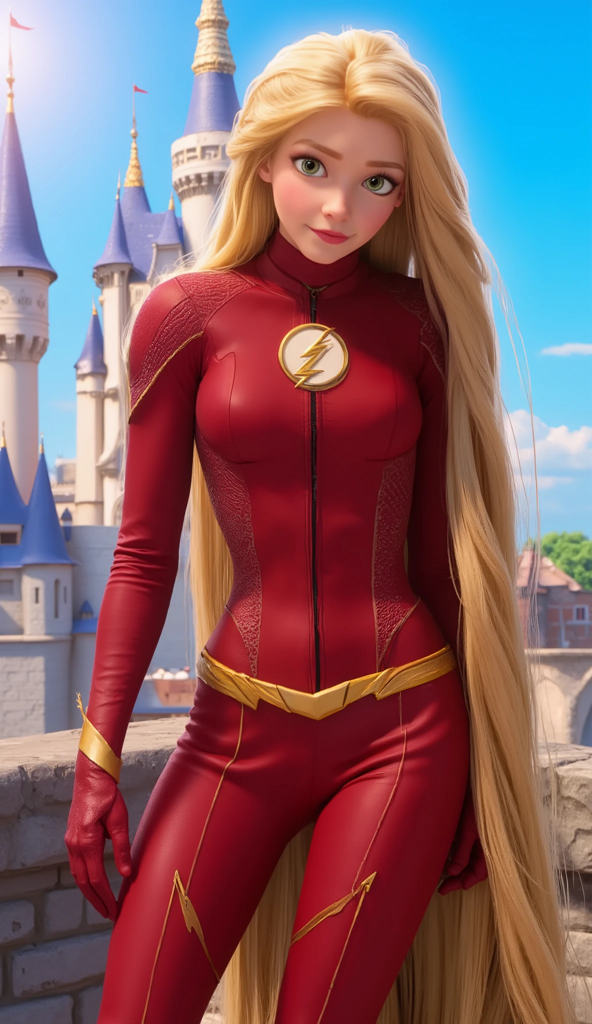 Imagine a figure that combines the features of Rapunzel Hentai-shi and Marvel's Flash. It has Rapunzel's long, golden hair , big eyes, left buttock position. She wears a Marvel Flash dress . Camera angle that captures the entire body. watching the camera, The background shows a Disney castle , with tall towers and clear skies , creating a magical and powerful contrast between the characters and the environment