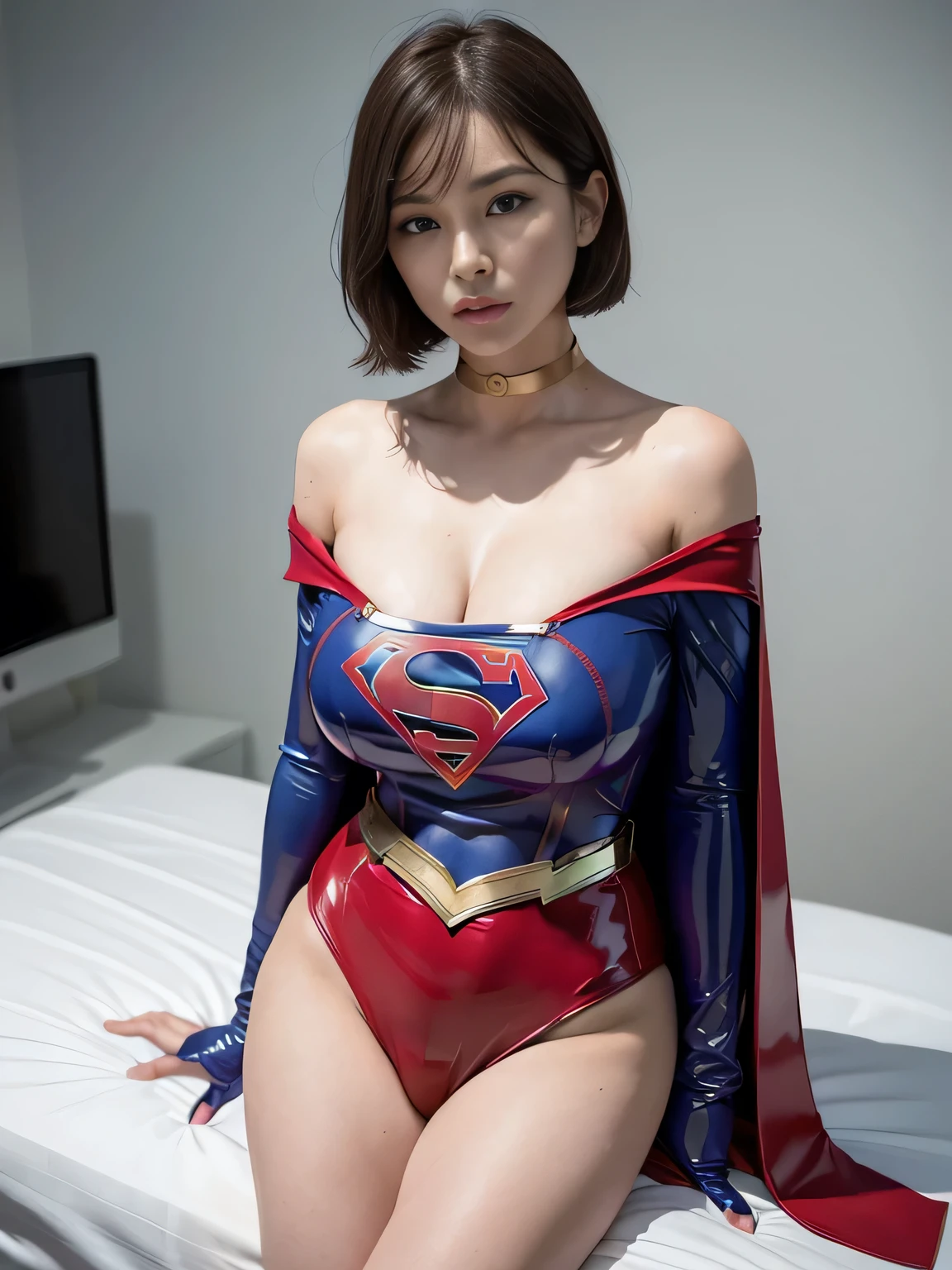 masterpiece、Enamel Supergirl Costume、Short Hair、Hospital operating table、Crisis situation、Big and ample breasts、looking at the camera、Shiny、Off the shoulder、choker、Long sleeve、Red exy poses to seduce、Sweaty、Model Body Type、Alluring、charm、Enchanting、Abused、test subject、victim、Wild、Photorealistic、latex、