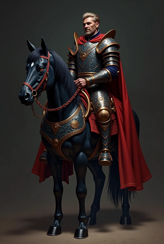One small boy and he with blue horse and he wearing red cloth and black snake on his neck  and he look like son of king
