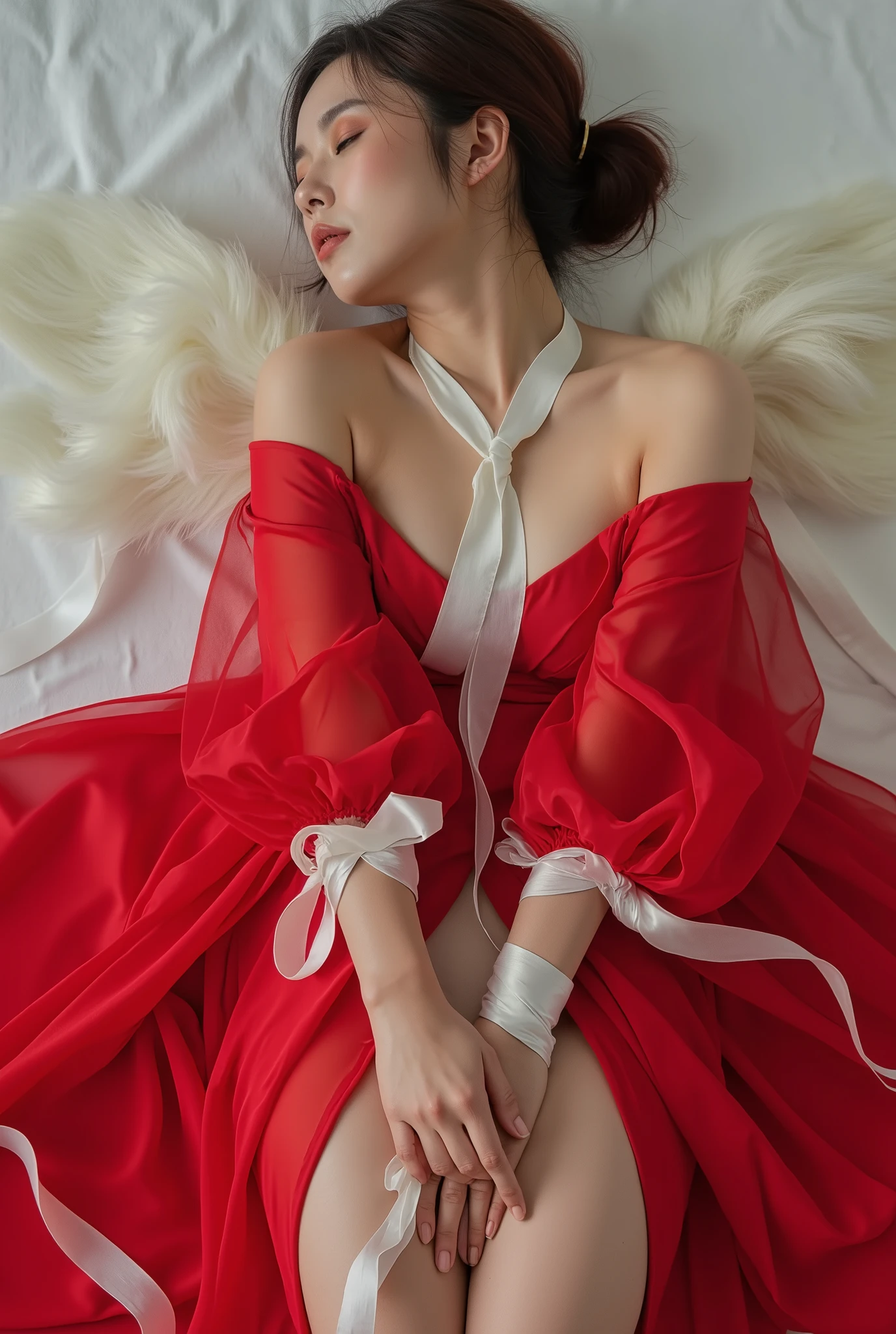 A beautiful woman in a red Hanfu dress, wearing an off the shoulder gown with white silk ribbons flowing around like wings on both sides of the waist, in the style of Chinese art.closed eyes,My hands are tied to the bed and spread out,Sexy posture,from above, navel exposed, bare legs,Real, photography, hyper realistic,Asian models
