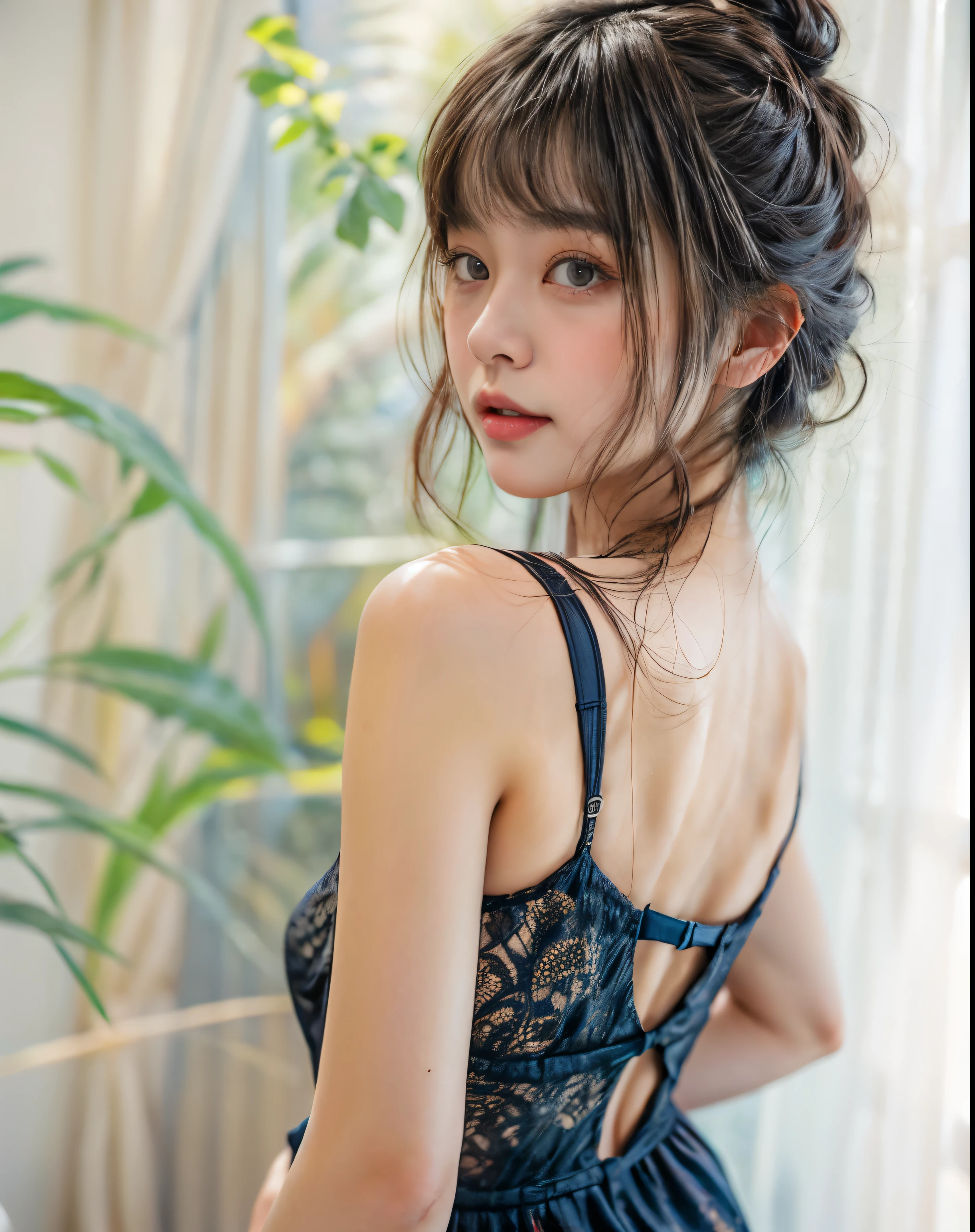 masterpiece、highest quality、cinema、(cute japanese woman、bangs:1.3)、23 years old、1 girl、elegant、black hair、warm、backless dress、turn around, (((floating hair)))