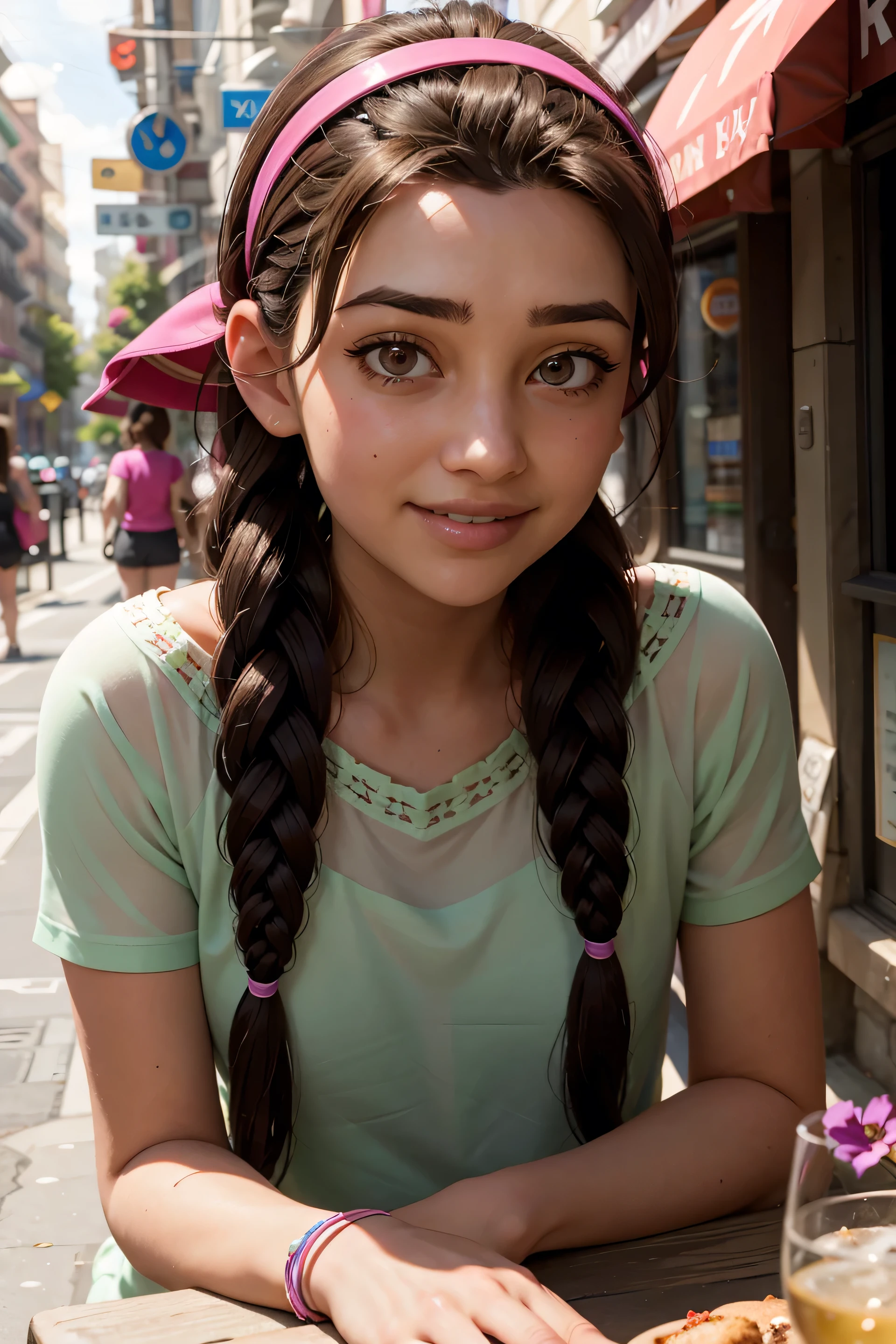 An impressive and intricate full color portrait, Ultra-HD a girl, brown hair with 2 braids, brown eyes, pink headband, detailed face, dressed in a red dress, no logos, epic character composition, alessio albi, nina masic, sharp focus, natural lighting, subsurface dispersion, f2, 35mm, (date in a restraunt), romantic date, smiling with teeth, happy face, table with dinner and flowers, ultra-realistic.