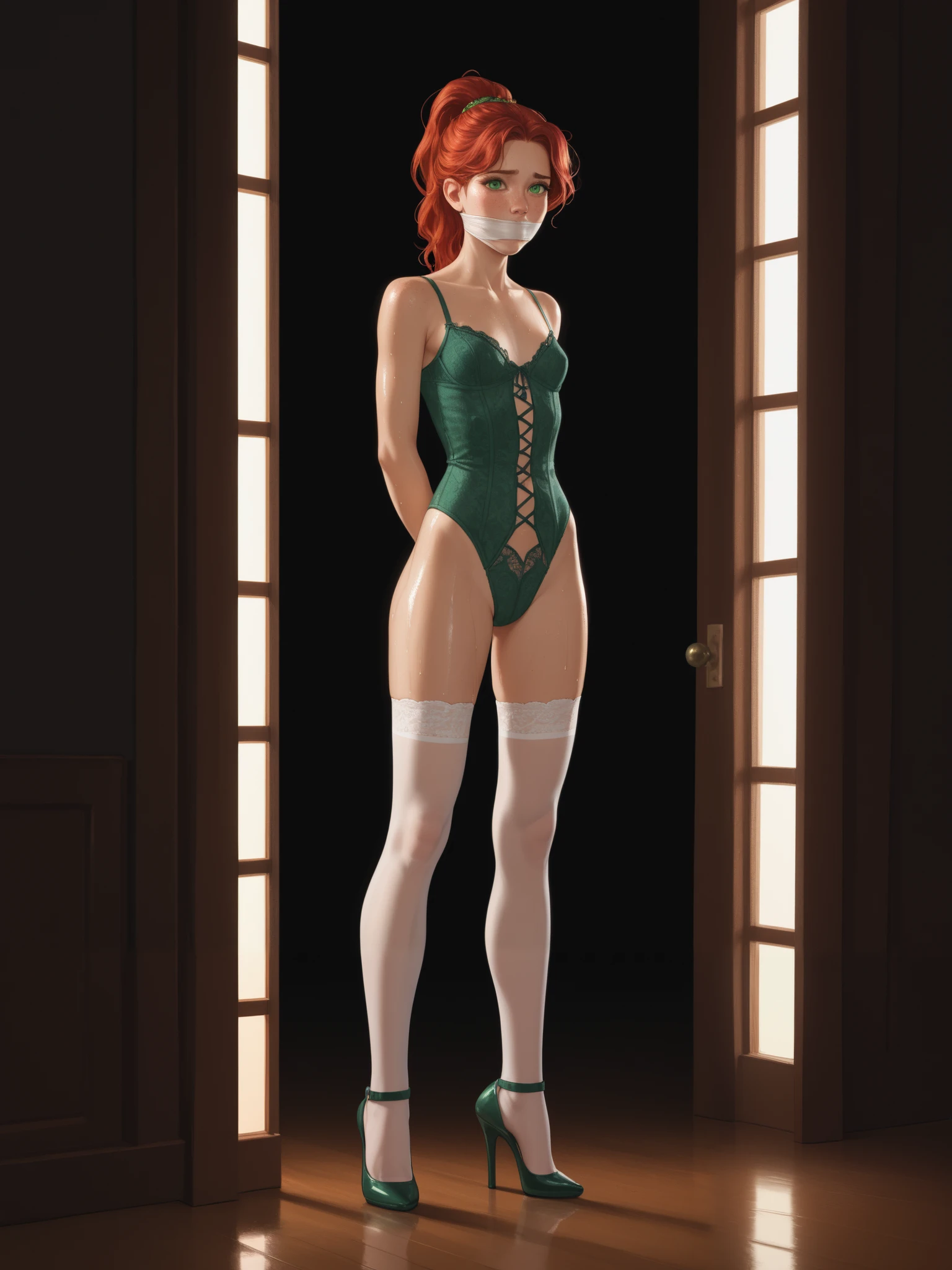 Beautifal woman, 18 years old, ,red hair, ponytail, hands tied behind back, feet bound, green eyes, freckles, white skin, ,standing,, background is a deserted black room at night , stars through the window, wearing jade green victorian lingerie and stockings and heels , shiny skin, frightened expression, nervous, worried, wet body, thin waist, skinny body, slender, small breasts, , long legs, moody image, colored lighting, white skin, pale, dark shadows, backlighting, rim light, dramatic scene, sweating, bound and gagged, arms overhead