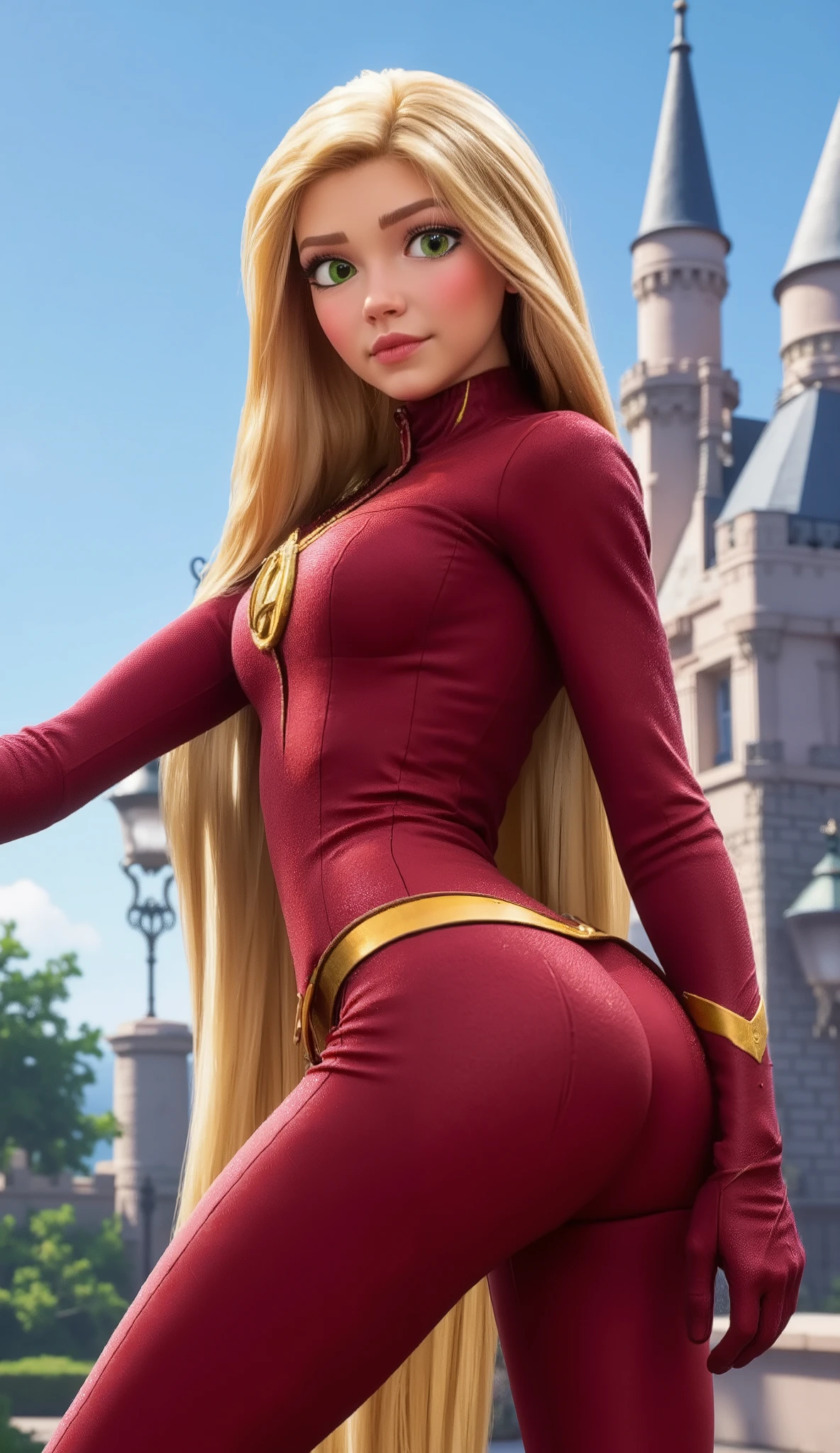 Imagine a figure that combines the features of Rapunzel Hentai-shi and Marvel's Flash. It has Rapunzel's long, golden hair , big eyes, left buttock position. She wears a Marvel Flash dress . Camera angle that captures the entire body. watching the camera, The background shows a Disney castle , with tall towers and clear skies , creating a magical and powerful contrast between the characters and the environment