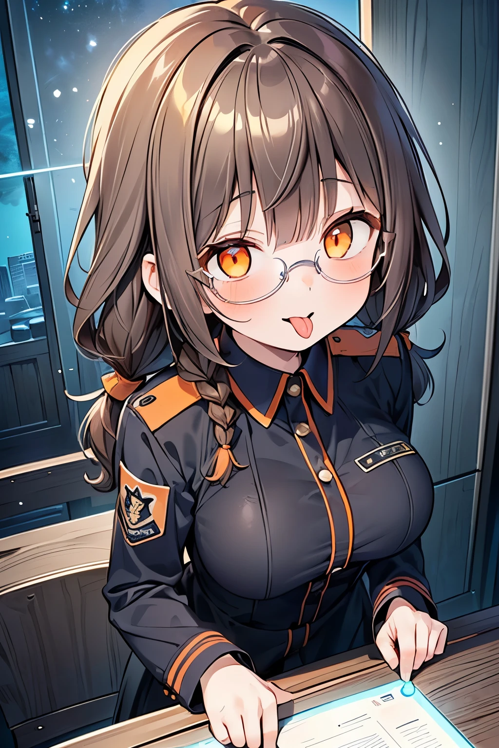 ((1-girl:1.3)),((beautiful:1.2)),(( adult woman:1.15)),((Alone:1.1)), braid hair,(brown hair:1.25),((Shiny orange eyes:1.25)),(glasses:1.2),skinny body,(security guard uniform:1.0),(Breasts that are about to fall:1.15),(long sleeve:1.0),((eerily glowing eyes:1.3)),smile,((one’s tongue out:1.25)),top view,