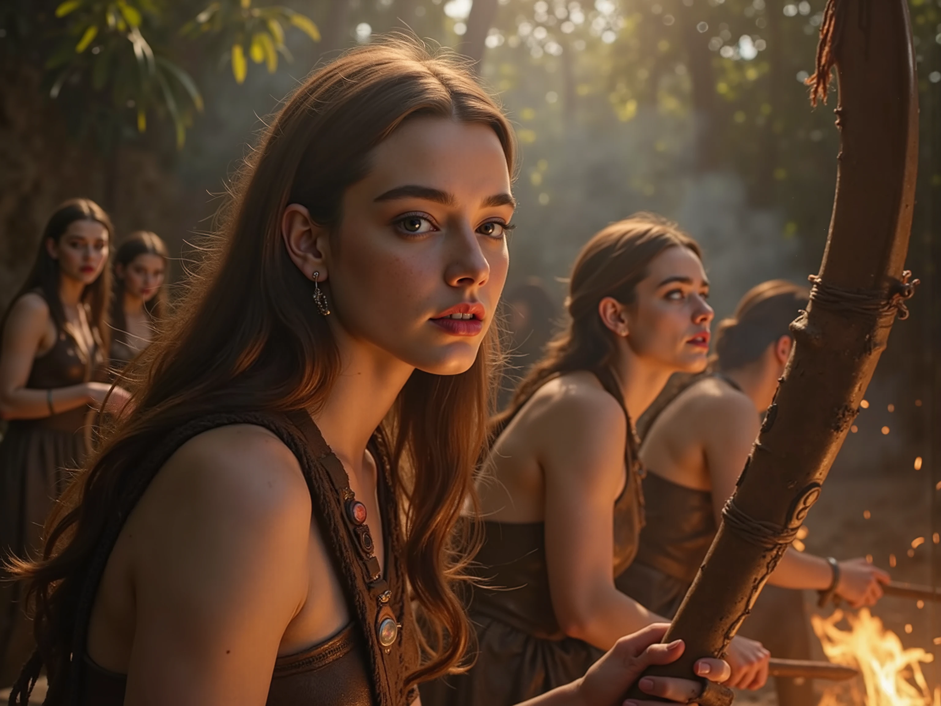 🎞️ quality & silent:
( 8K Ultra HD, photorealistic, cinematic lighting, dramatic shadows , petals fall gently , Authentic skin texture , dirty clothes, atmospheric color scheme , cinematic grain for movie look ).
🌍 Scene & background:
Prehistoric wilderness — rugged rocks , Dense forest, smoke rises from a nearby campfire to .
background – mehrere wilde Frauen mit primitiven Waffen und Fellkleidung umkreisen einen gefangenen Mann.
Mystical atmosphere — dust and sparks in the air , Sonnenuntergang taucht die Scene in warme Rottöne.
👩 Figure & Styling:
main character : An athletic , wild woman with intense look .
Untamed , long hair, traces of earth and sweat .
clothing made from tattered animal skins & leather — dirty , ROH, tight for freedom of movement .
war painting with natural colors , primitive patterns on face and body .
📷 Camera & Pose:
movi-photography — cinematic dynamics , als wäre es eine Scene aus einem Blockbuster.
Full body shot — slightly from below , to emphasize the wild dominance of women .
Different images :
Fokus auf main character – kraftvolle Haltung, spear or knife in hand .
Der gefangene Mann im background – kniet vor den Frauen, half naked, frightened or challenging .
interplay of light & shade — warm bonfire versus cool , dark forest .
🔥 An epic, cinematic cover art — archaic , sensual and powerful . 🔥