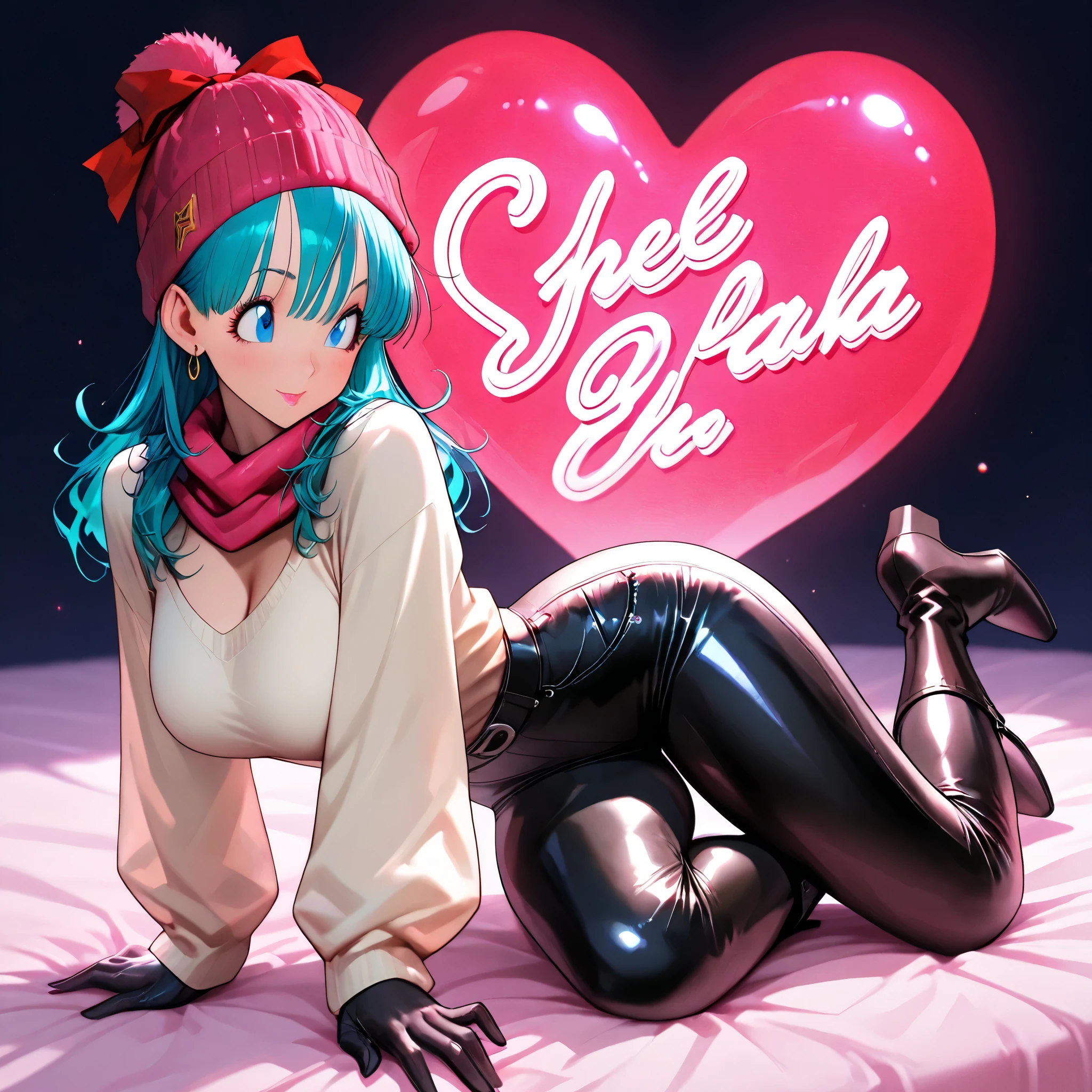 masterpiece, best quality, vibrant, very aesthetic, high contrast, semrealistic, newest, (beautiful girl:1.3),1girl,masterpiece,Highest quality,Ultra-high resolution,rich contrast,super high quality,8k,Highly detailed CG unit wallpaper,texture,Incredibly absurd,Ultra-high resolution,Highest quality anime,professional photograph,an extremely delicate and beautiful,RAW Photos,Depth of Field 1.2,ultra-detailed eyes,Glitter Effect,Beautiful glossy lips, 25years old, gorgeous legs, noise perfect, gorgeous ass, gorgeous ass, dynamic pose, skinny jeans, (translucent white blouse), long sleeves, no bra, sensual woman, seductive woman, mature woman, Milf, maternal, shy look, full body, 1girl,  (type of photo: medium shot, portraying the person from head to waist), Bulma of Dragon Ball, bulm4_0r1g1n4l_0ut1f1t, pink clothe, blue eyes, blue hair, bow on head, Setting: A fair with neon lights, She is holding a teddy bear with a red bow and several heart balloons float around her. Her eyes reflect love and sweetness, Outfit: An oversized burgundy sweater with a turtleneck, leather leggings and tall black boots. Accessories: Wool gloves, a scarf in pink tones and a knitted hat with a pompom. Hair and makeup: natural makeup with a little highlighter and raspberry lips. in a cafeteria decorated with garlands of hearts,