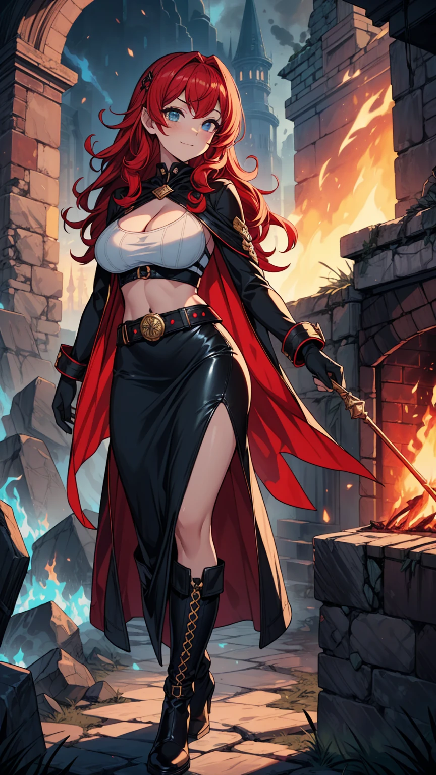 (masterpiece, best quality, high resolution, ((full body, standing,)),1(masterpiece, best quality, high resolution, ((full body, standing,))((huge breasts)) 1 woman mature, very long and messy red hair, red lips, ((chubby dark skin)) long-sleeved fantasy poser dress, cleavage, very long skirt, boots, necklace, hoop earrings, flirtatious smile, sensual posture