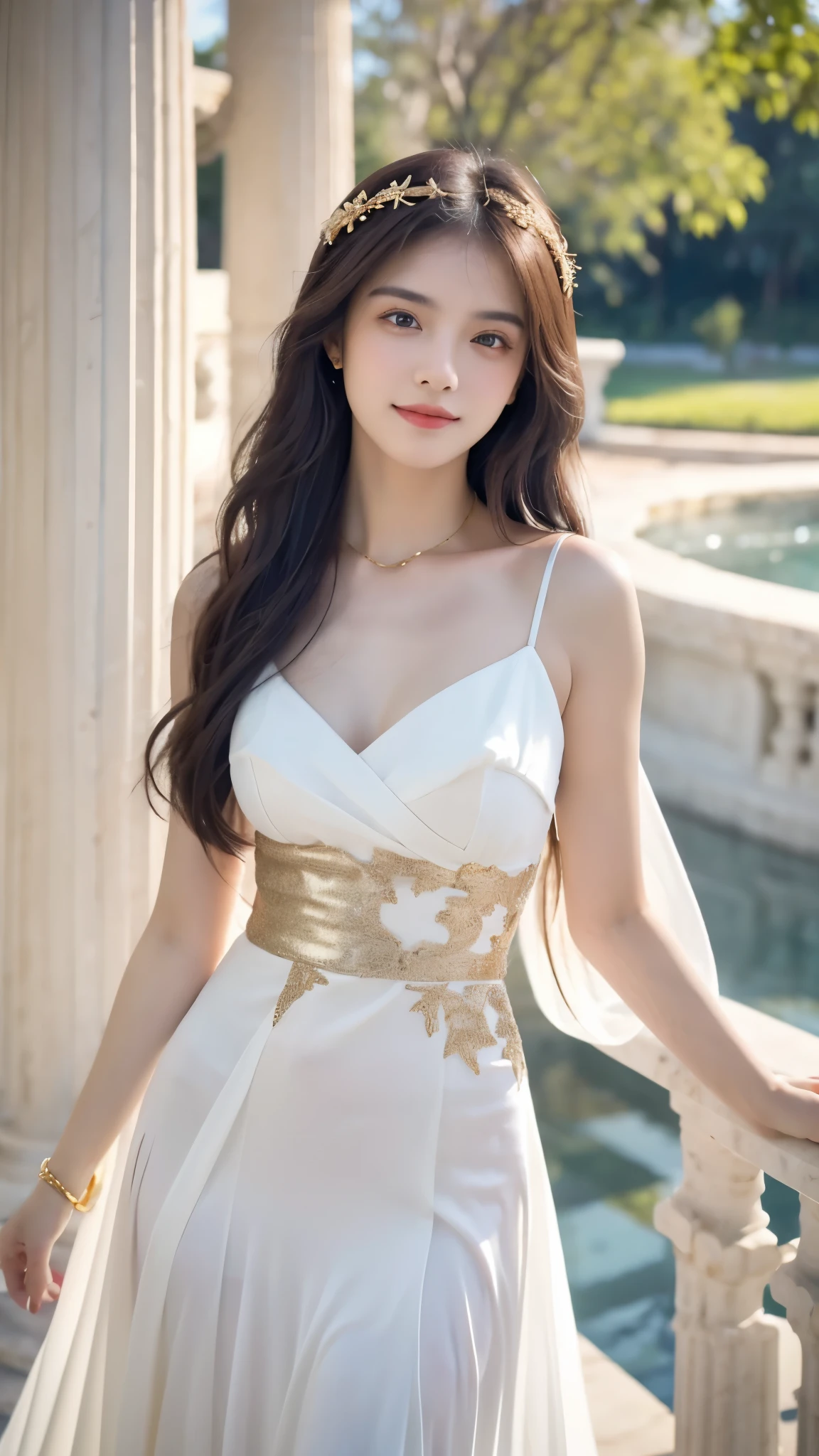 Beautiful 25 year old  skinny woman。She is wearing a wedding dress. She is smiling on illuminated by the evening church lights on the romantic sunset time.  her dark brown hair. High resolution、masterpiece、highest quality、頭w:1.0、((Hasselblad Photos))、fine skin、(movie lighting)、clavicle . full body picture.