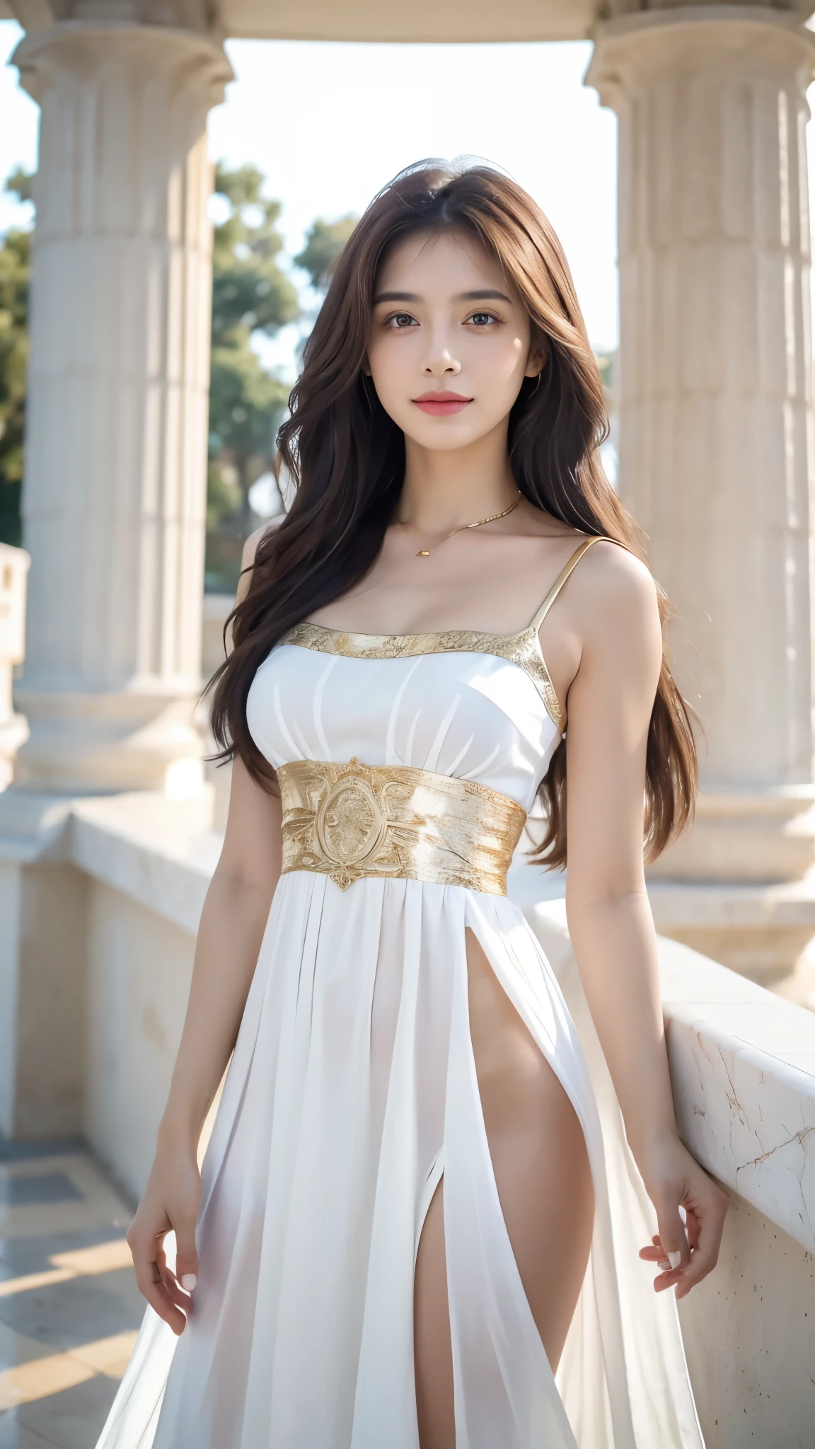 Beautiful woman with perfect body：1.4，layered hairstyle，Prominent cleavage：1.5，Light orange clothes，Highly detailed facial and skin textures，double eyelids，whiten skin，long hair，Whitened long legs