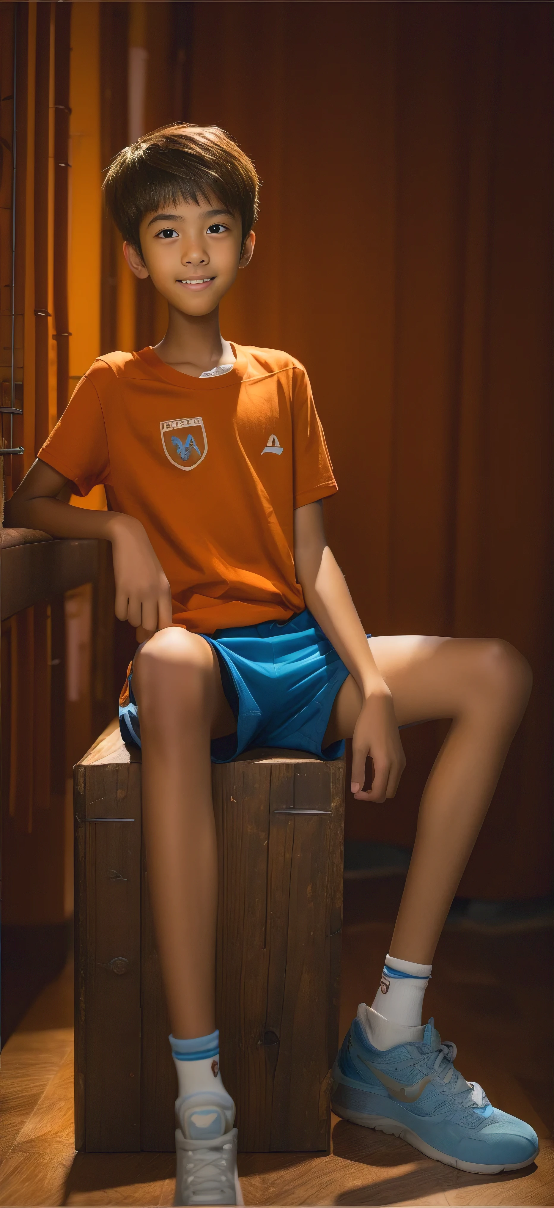 -yeld bo coppery skin, Blue Shorts ,orange t-shirt,Thin legs, big eyes, short hair, full body photo ,A junior high school student,Smile,Night sky background