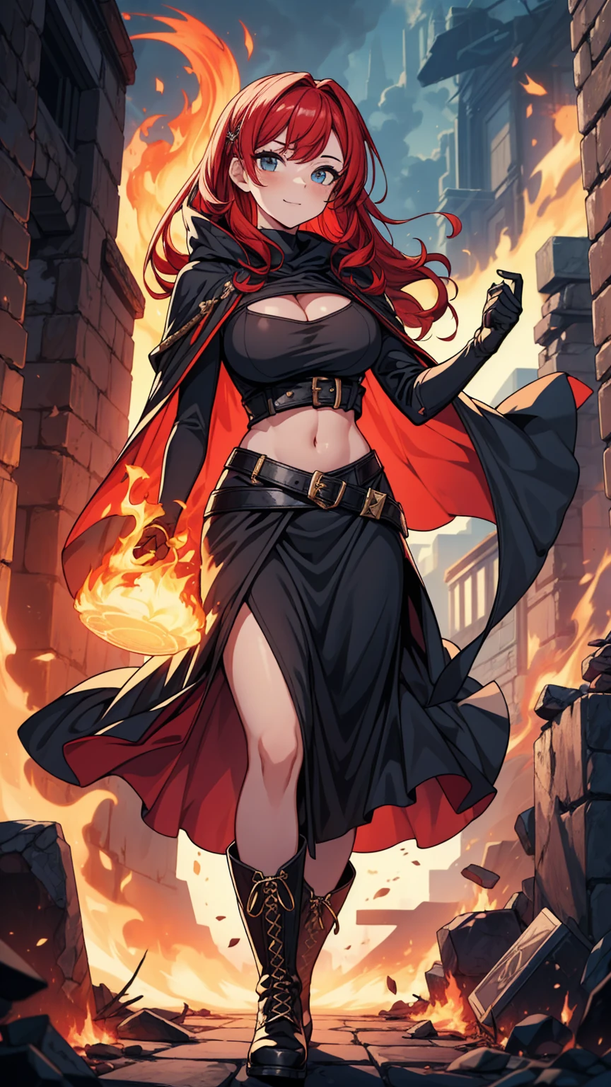((Best quality)), ((masterpiece)), (detailed: 1.4), (Absurd), Spawn woman, reborn from hell with several small demons and skeletons at her feet, beautiful, red hair, long shed with her legs out, crown with two long ciphers, full body, perfect body, generous neckline, hellish scene