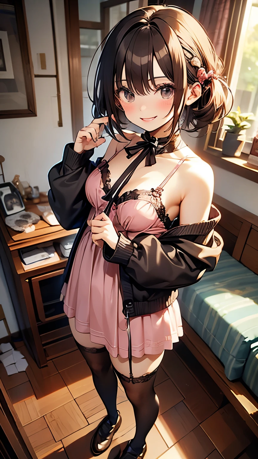 (Best quality, 8k, 32k, Masterpiece, UHD,:1.2),RAW, 1girl,ultra cute , natural lighting,transparent shining eyes, 20yo,medium breast ,fair complexion ,flushed face, Many business people walking down the corridor, There is a window in the hallway:1.3), (Stylish lingerie with a pink base, featuring pink fabric and black lace decoration), , (A pink-based bra with black lace decoration on pink fabric.), ((Stylish pink satin side-tie panties with lavish embellishments), (Pink-based panties with black lace decoration on pink fabric)), garter belt, Knee socks, (Embarrassed expression, Surprised expression), from Above, (Employee ID card from the neck:1.3)