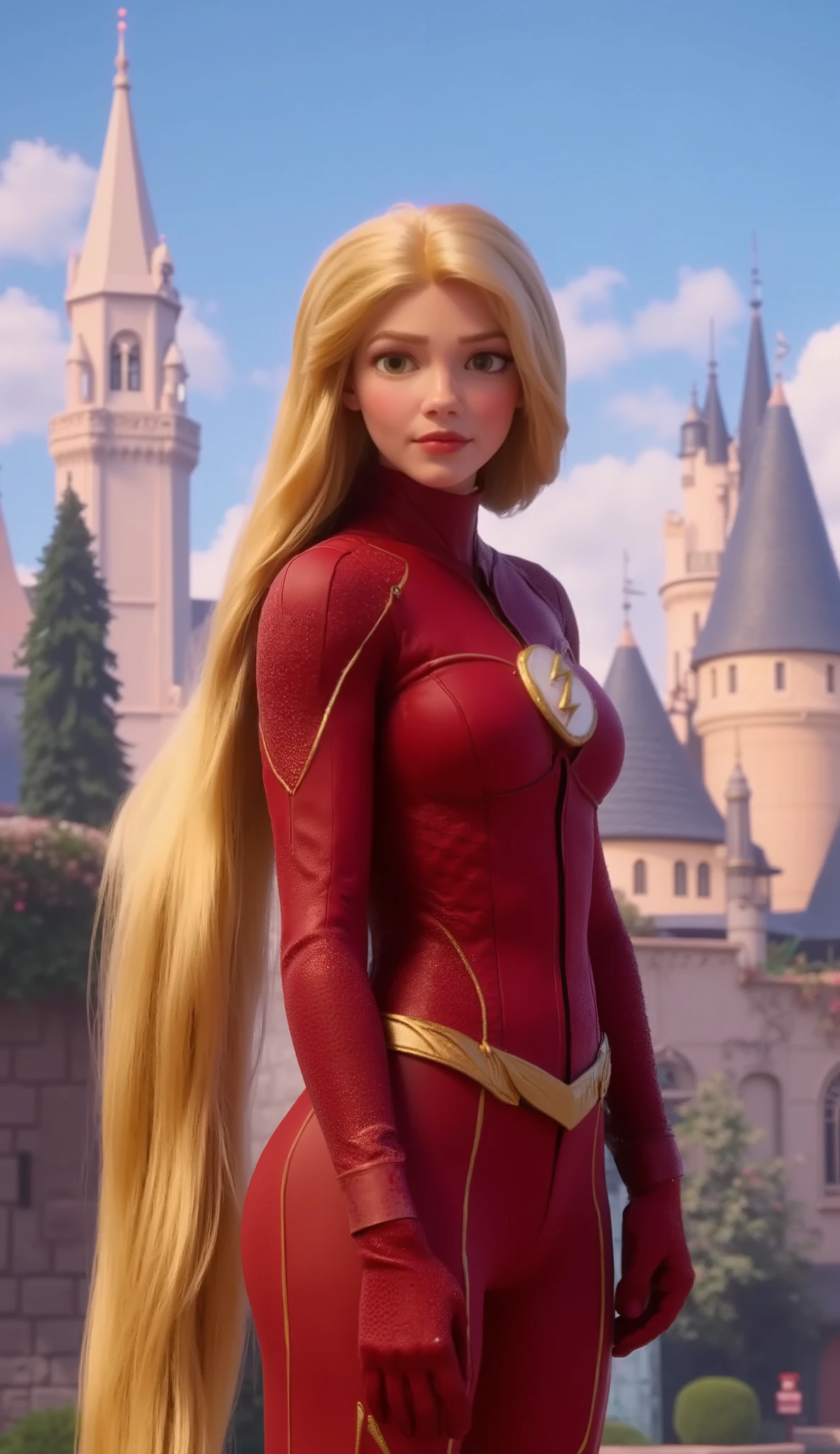 Imagine a figure that combines the features of Rapunzel Hentai-shi and Marvel's Flash. He has long golden hair, big eyes, buttock position on the left. She wears a Marvel Flash dress . Camera angle that captures the entire body. watching the camera, The background shows a Disney castle , with tall towers and clear skies , creating a magical and powerful contrast between the characters and the environment