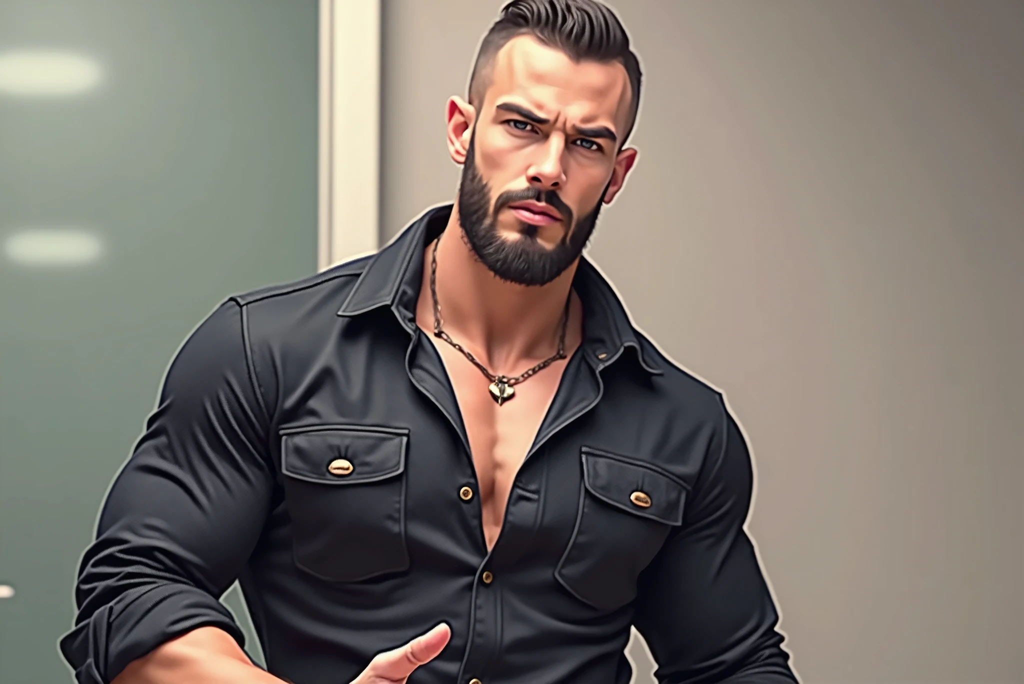 a very handsome man, with a Mid fade haircut, wearing a dark blue shirt, massively muscular, with massively large muscles