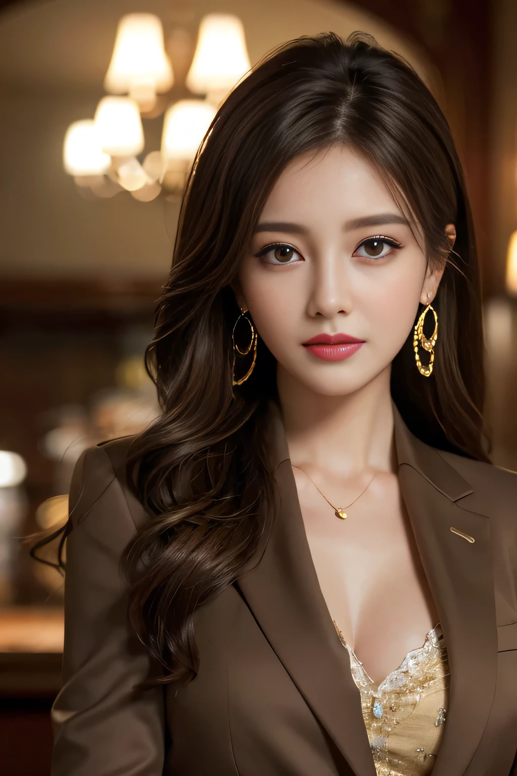 masterpiece, Highest quality, Realistic, Very detailed, Finer details, High resolution, 8k wallpaper, One beautiful woman,Wear a nice suit, In a great restaurant, At night, Light brown messy hair, Perfect dynamic composition, Beautiful and beautiful eyes、Big earrings、Sit on a chair