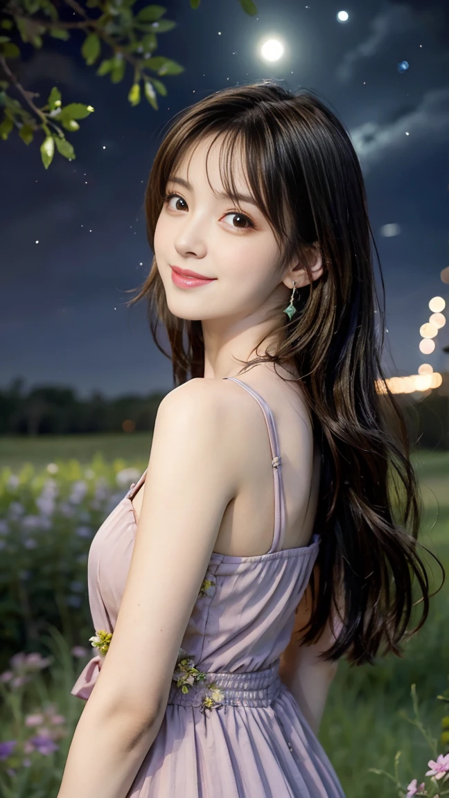 creates an image of a 19-year-old woman with long, wavy dark brown hair, un lunar debajo del ojo izquierdo, with cold and serious look, in a garden full of flowers at night while his back is turned, without looking at the camera, digital illustration video game version, realistic illustration