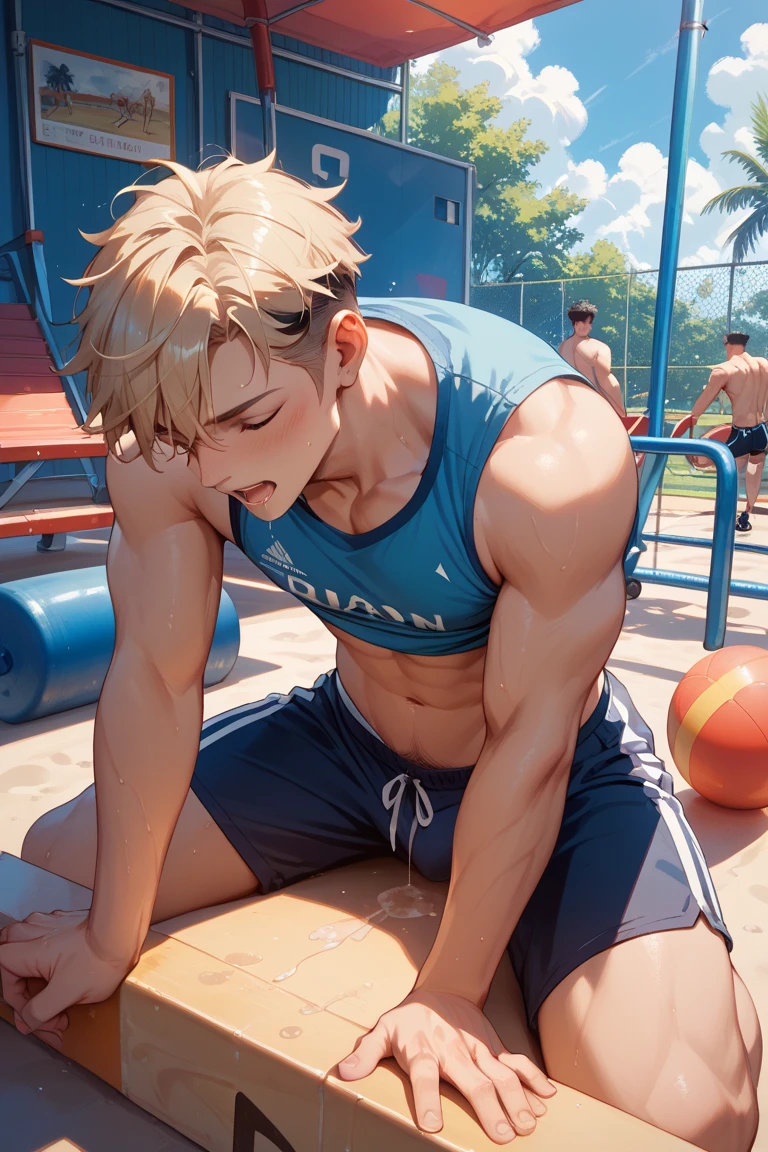 masterpiece, best quality, 1male, 1boy, tall muscular, handsome, finely detailed eyes, intricate details, volleyball uniform, removing shirt, erection under shorts, smirk, perverted expression, looking at viewer, muscular body, six-pack abs, sweat, sweaty body, anime boy sitting on bench, locker room, perverted smile, abs peek, happy trail, blonde, yellow shorts, white shirt, a blue 69 number on shirt, sexy body, volleyball ball on floor, peek at the abdomen