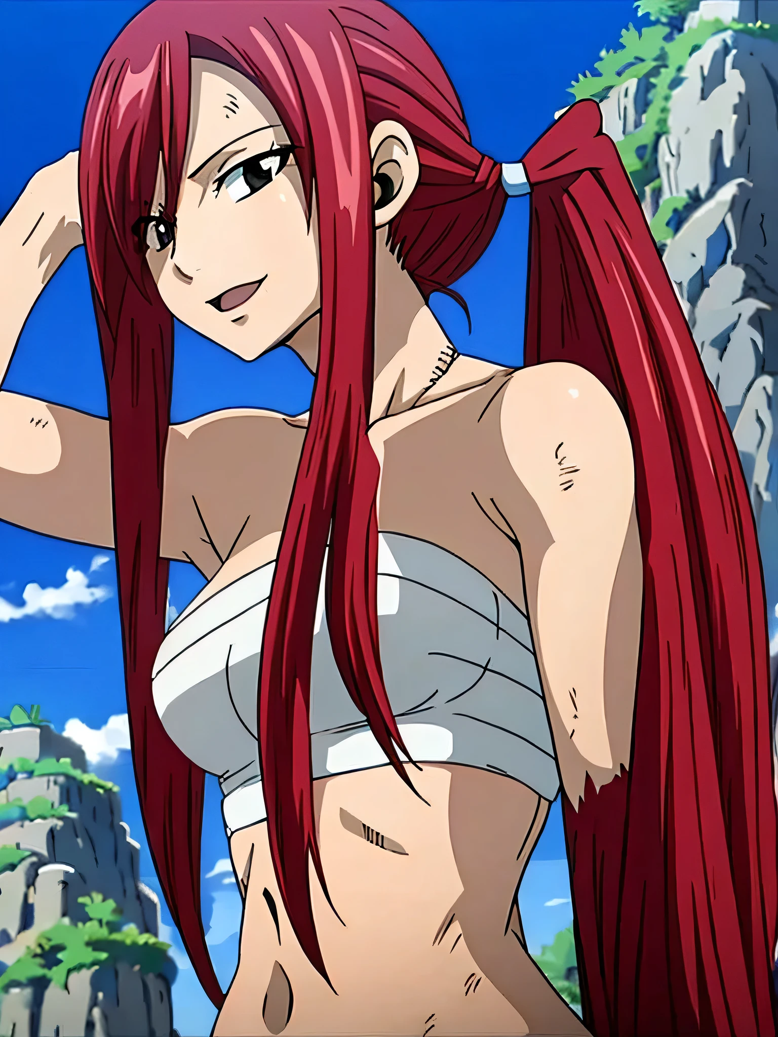 masterpiece, anime style, beach, best quality, highres, fairy tail, 1girl, big breasts, collarbone, midriff, sarashi wrap, standing, insane smile,mature woman, tall, short hair, pail skin